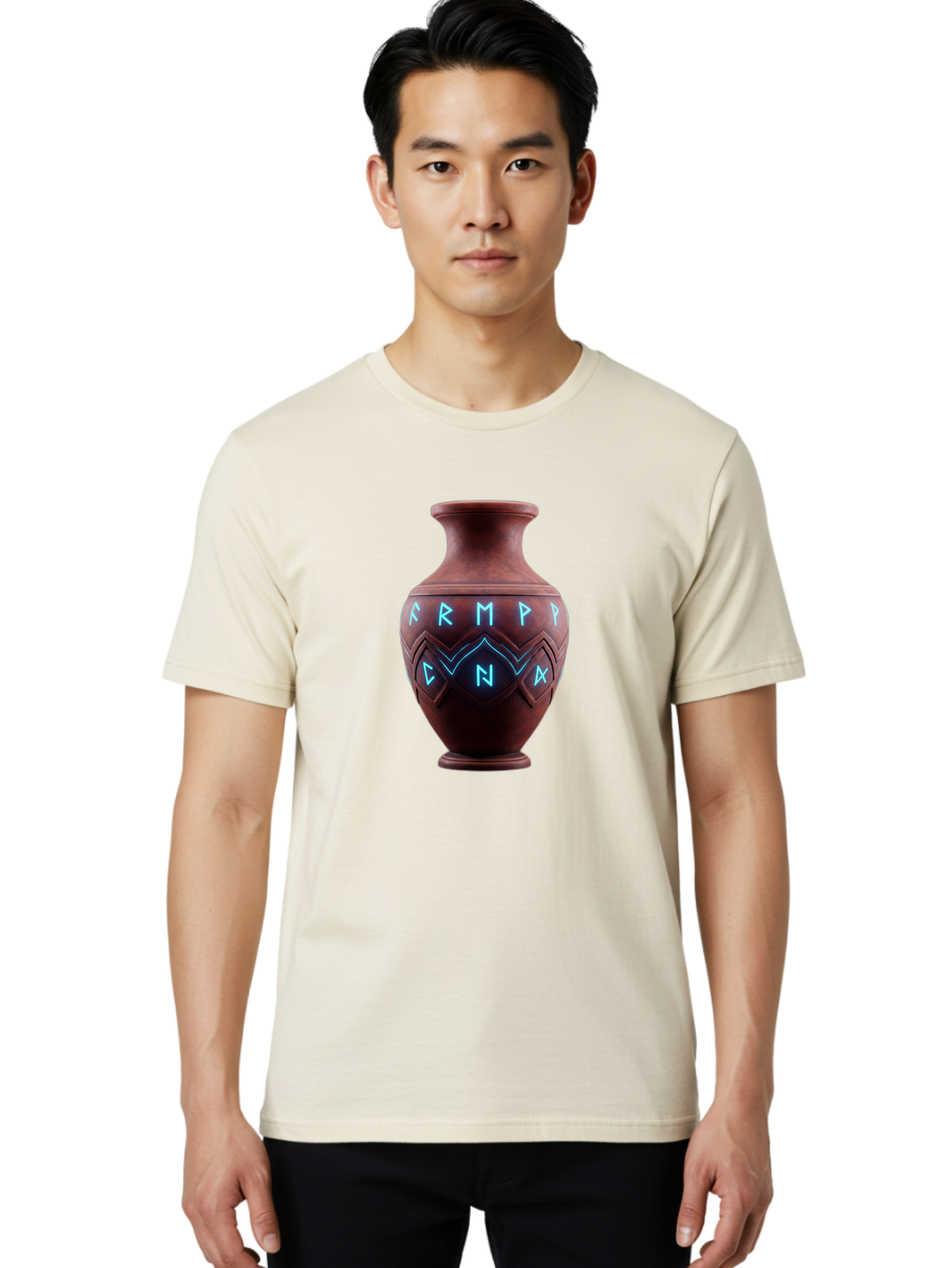 Runic-Vase Men'S Graphic Tee, 100% Cotton, Comfortable Casual Summer Wear, Machine Washable, Ancient Pottery, Clay Vase, Mysterious Symbols, Glowing Blue Letters, Armp Cna, Tribal Art, Glowing Neon, Symbolic Vase, Ancient Artifact, Bab366
