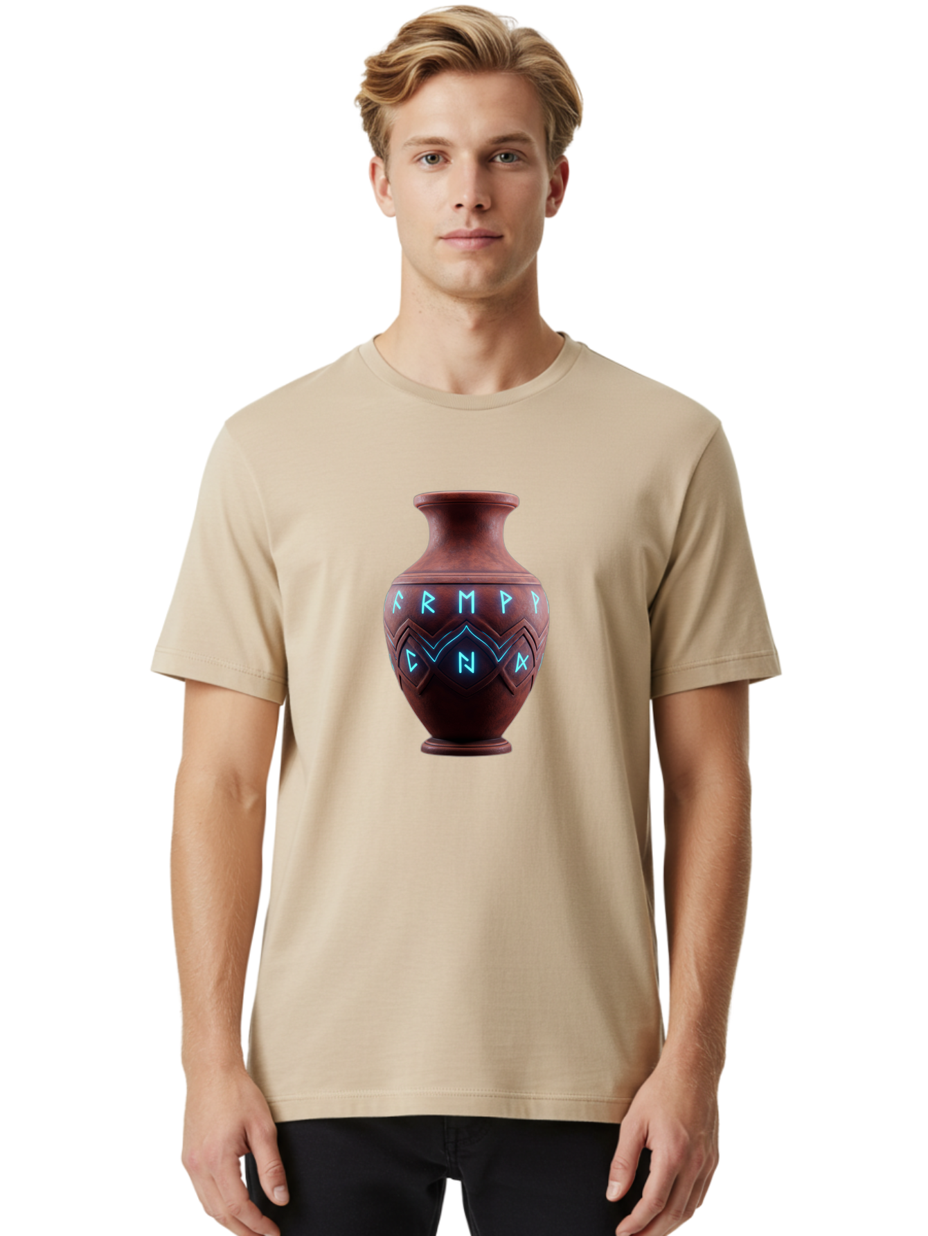 Runic-Vase Men'S Graphic Tee, 100% Cotton, Comfortable Casual Summer Wear, Machine Washable, Ancient Pottery, Clay Vase, Mysterious Symbols, Glowing Blue Letters, Armp Cna, Tribal Art, Glowing Neon, Symbolic Vase, Ancient Artifact, Bab366