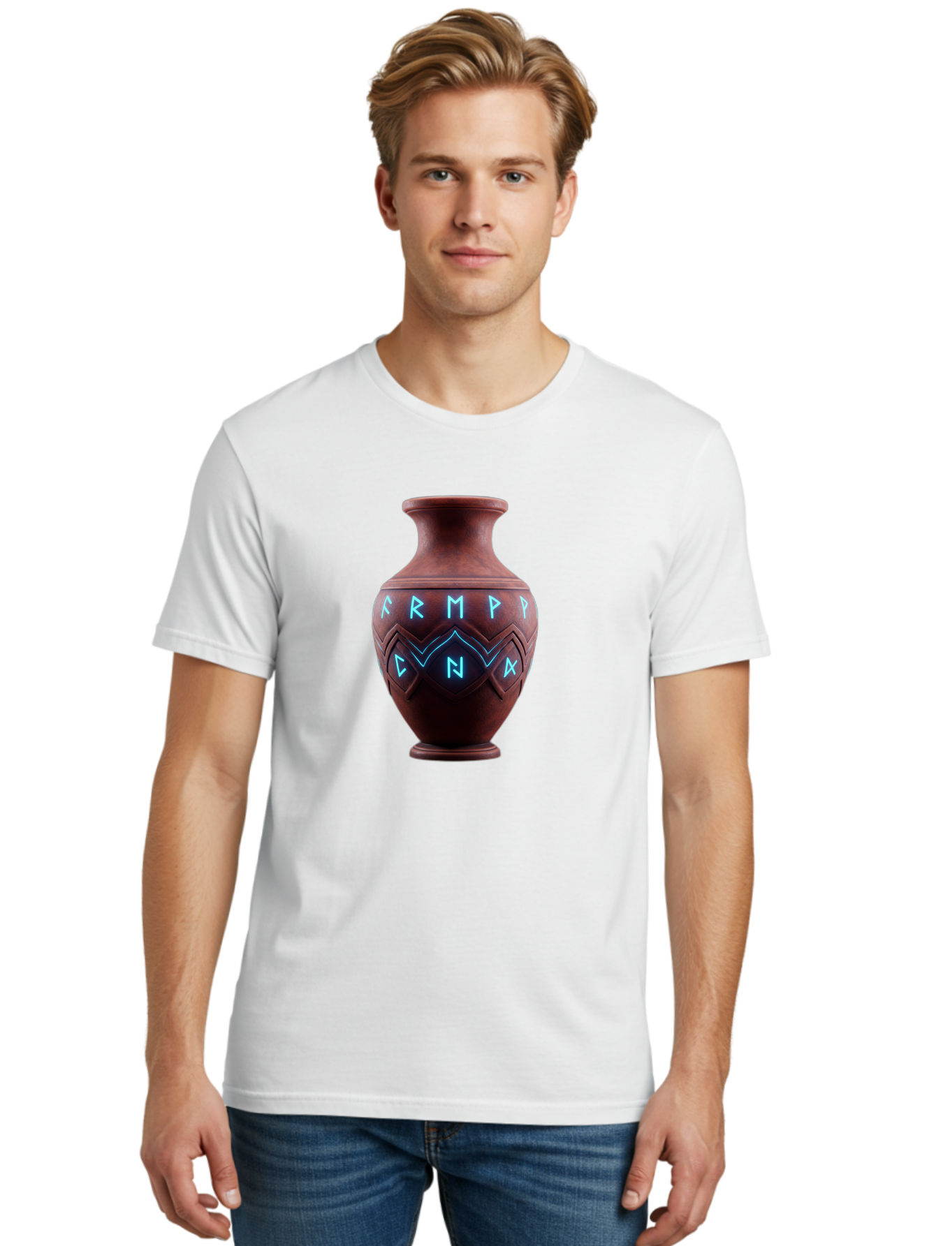 Runic-Vase Men'S Graphic Tee, 100% Cotton, Comfortable Casual Summer Wear, Machine Washable, Ancient Pottery, Clay Vase, Mysterious Symbols, Glowing Blue Letters, Armp Cna, Tribal Art, Glowing Neon, Symbolic Vase, Ancient Artifact, Bab366