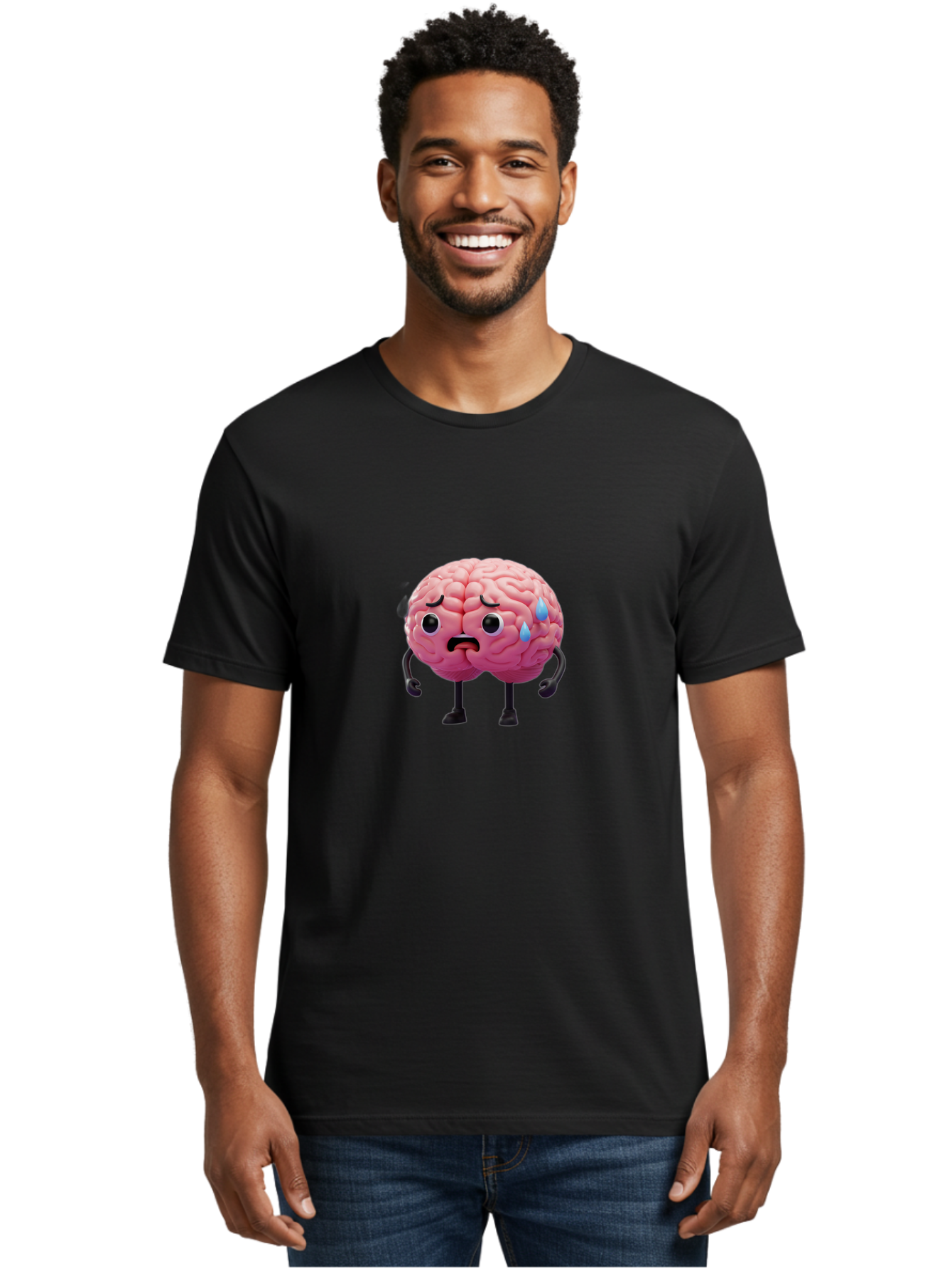 Sad-Brain-2 Men'S Graphic Tee, 100% Cotton, Comfortable Casual Summer Wear, Machine Washable, Cartoon Brain, Sad Face, Blue Tears, Thinking Problems, Mental Struggle, Negative Emotions, Anxiety Feelings Bab368