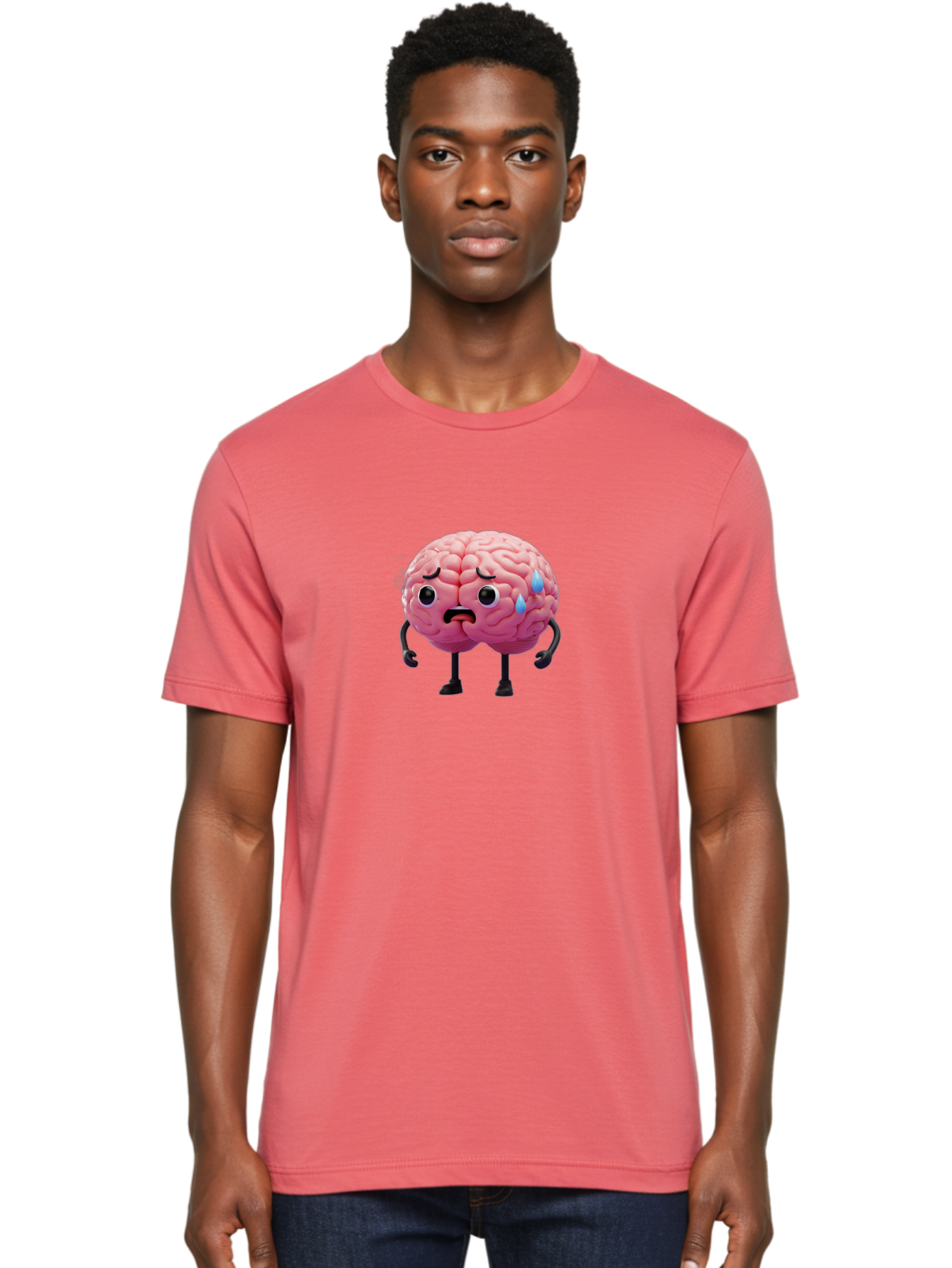 Sad-Brain-2 Men'S Graphic Tee, 100% Cotton, Comfortable Casual Summer Wear, Machine Washable, Cartoon Brain, Sad Face, Blue Tears, Thinking Problems, Mental Struggle, Negative Emotions, Anxiety Feelings Bab368