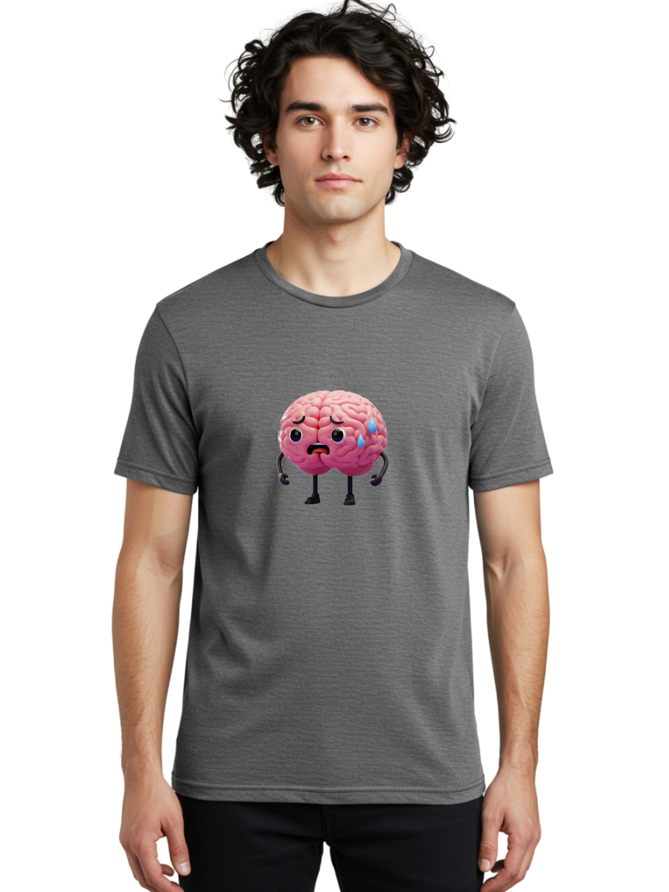 Sad-Brain-2 Men'S Graphic Tee, 100% Cotton, Comfortable Casual Summer Wear, Machine Washable, Cartoon Brain, Sad Face, Blue Tears, Thinking Problems, Mental Struggle, Negative Emotions, Anxiety Feelings Bab368