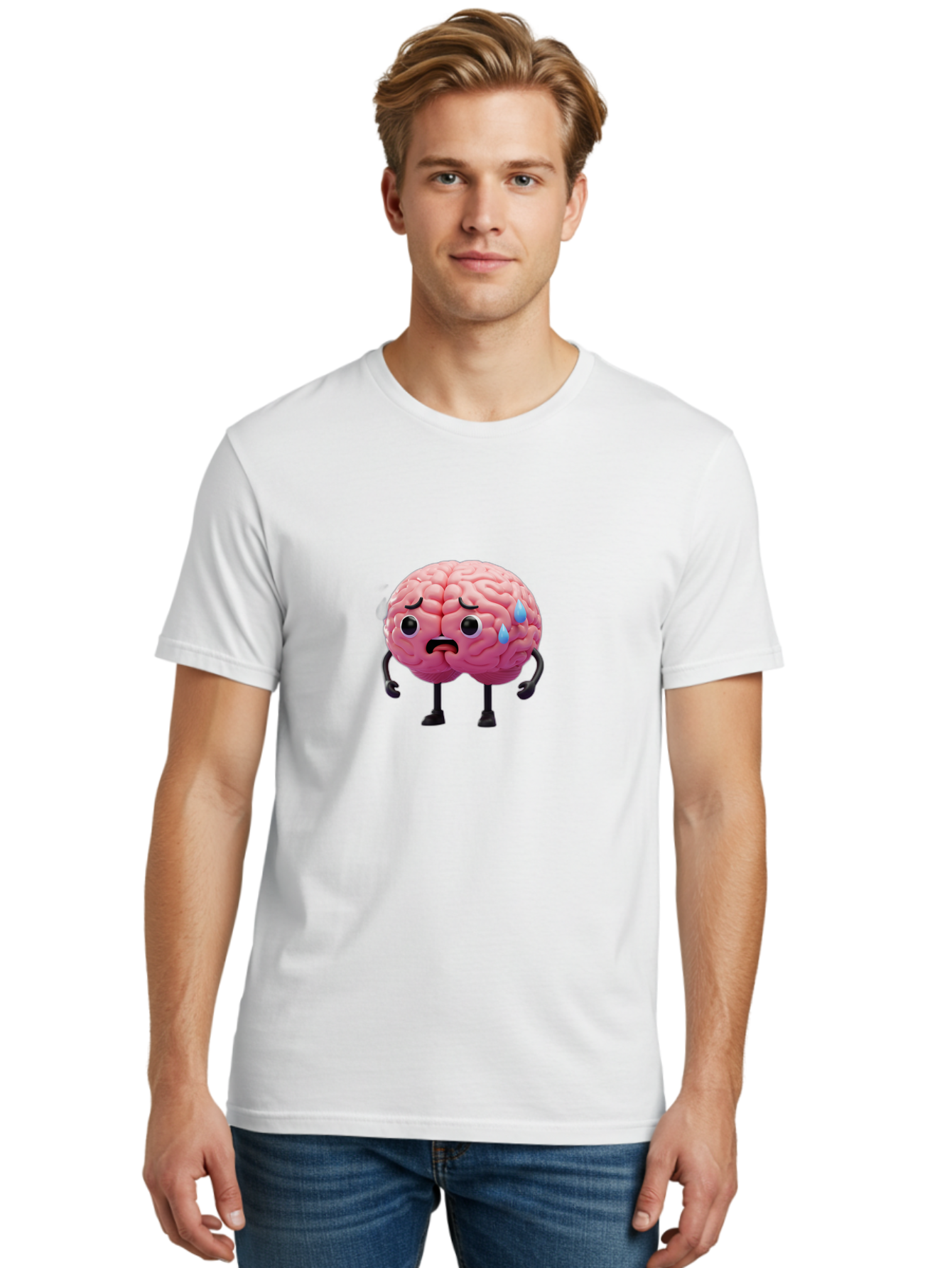 Sad-Brain-2 Men'S Graphic Tee, 100% Cotton, Comfortable Casual Summer Wear, Machine Washable, Cartoon Brain, Sad Face, Blue Tears, Thinking Problems, Mental Struggle, Negative Emotions, Anxiety Feelings Bab368
