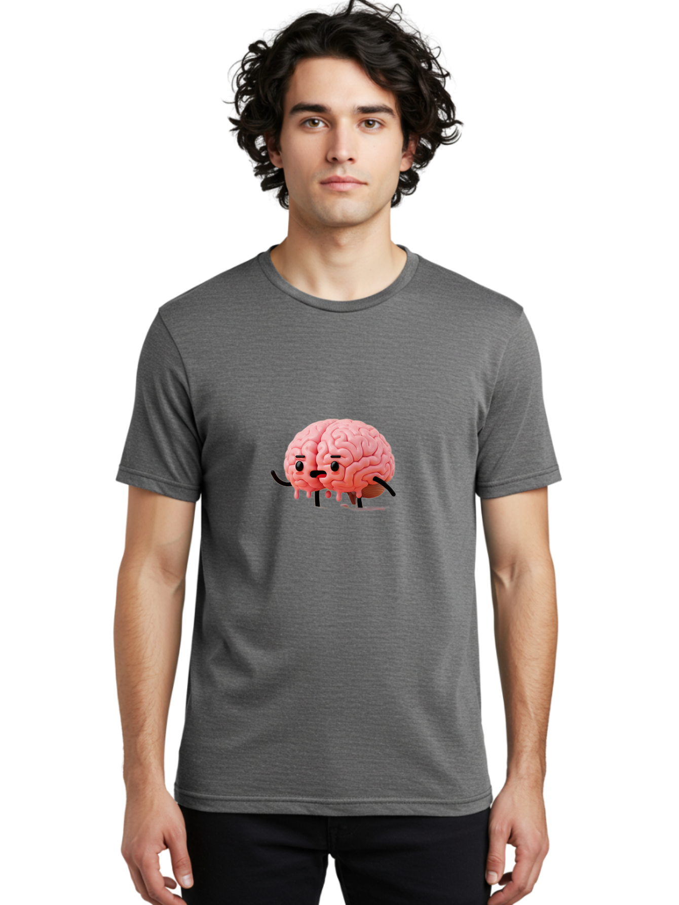 Sad-Brain-3 Men'S Graphic Tee, 100% Cotton, Comfortable Casual Summer Wear, Machine Washable, Cartoon Brain Character, Anthropomorphic Brain, Pink Brain Illustration, Brain With Face, Humorous Brain Design, Gooey Brain Texture, Thinking Brain, Bab369