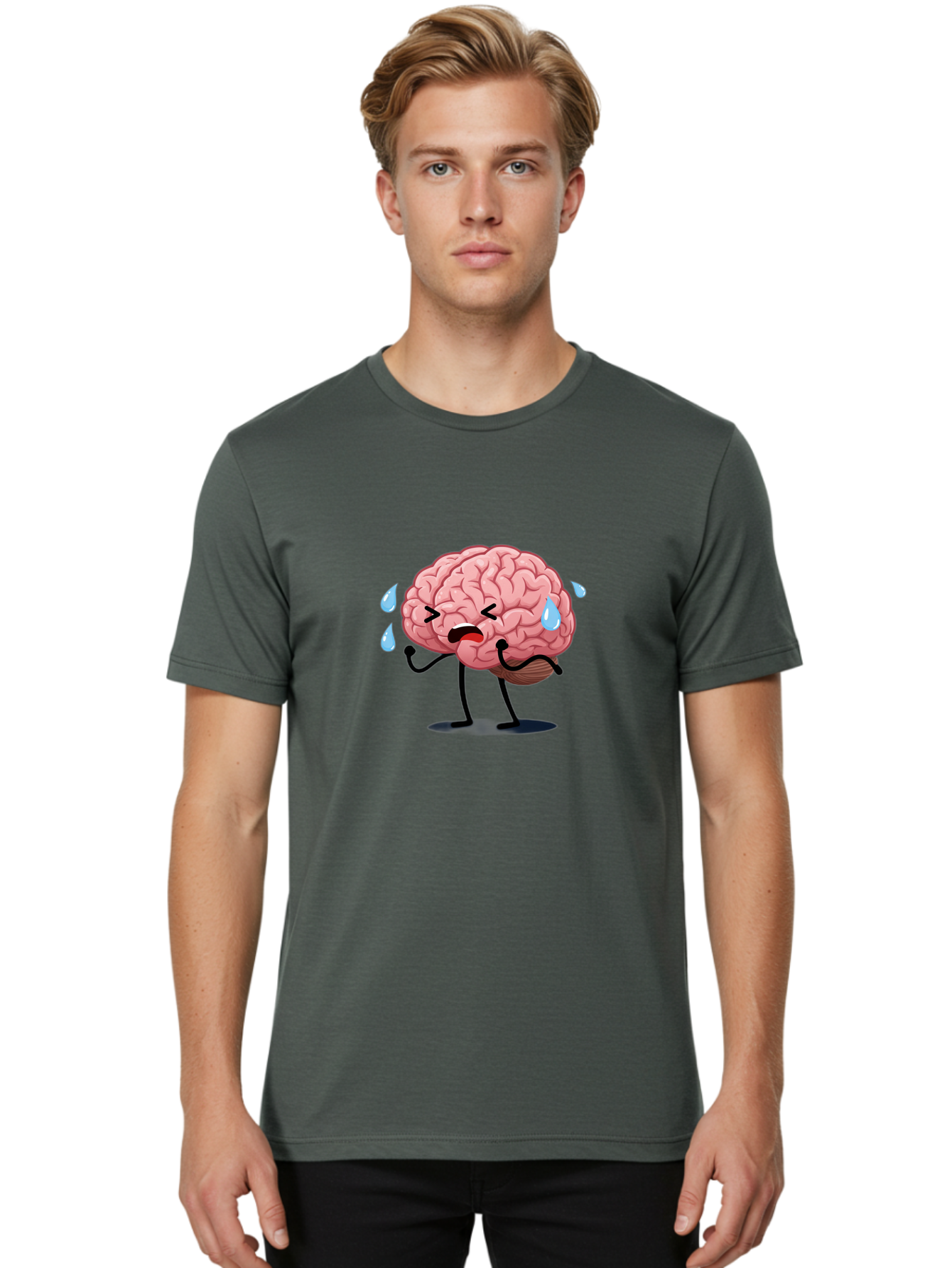 Sad-Brain-4 Men'S Graphic Tee, 100% Cotton, Comfortable Casual Summer Wear, Machine Washable, Tired Brain, Cartoon Character, Stressed Brain, Fatigue, Brain Drain, Mental Exhaustion, Overwhelmed, Anxiety, Stress Response, Emotional Distress, Bab370