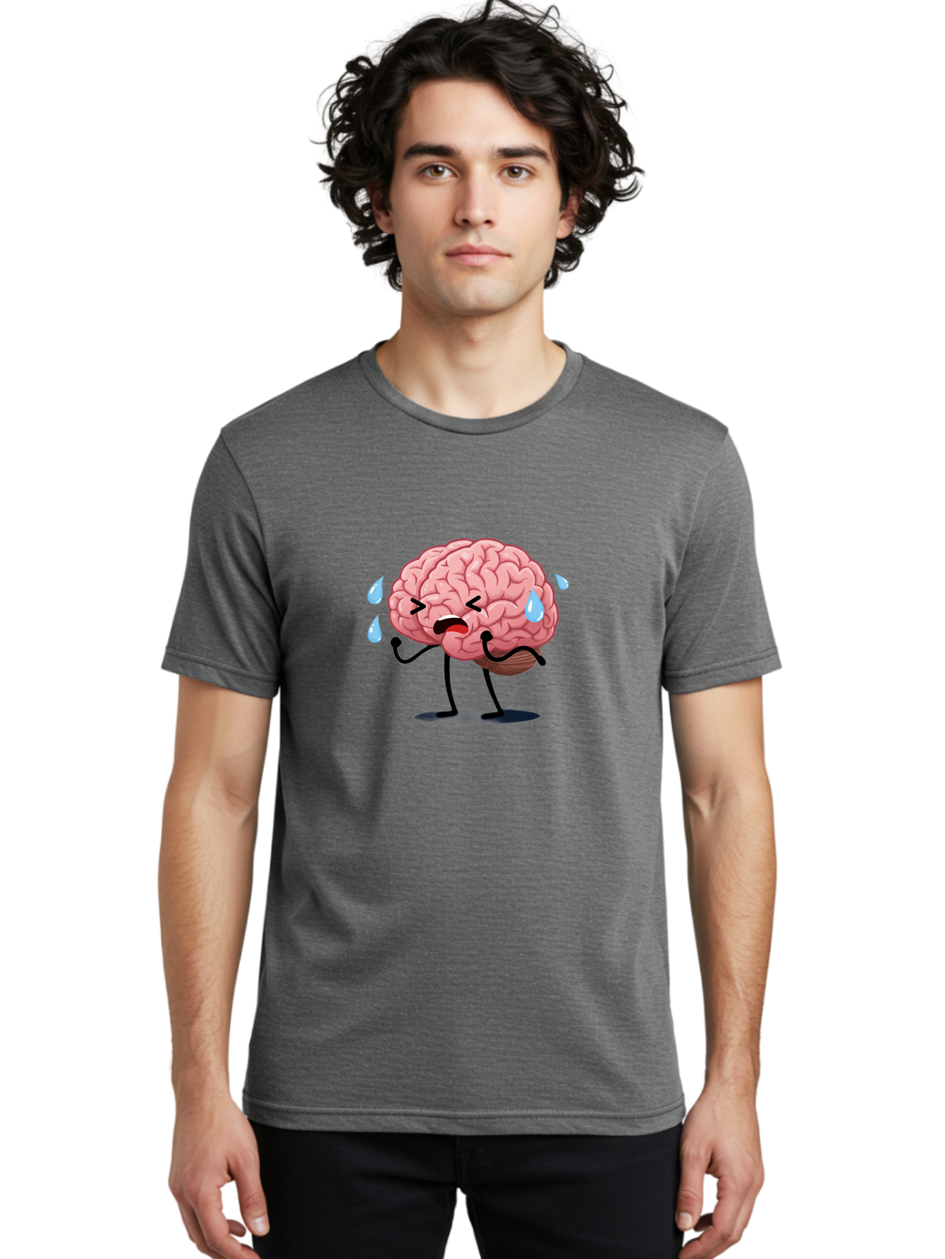 Sad-Brain-4 Men'S Graphic Tee, 100% Cotton, Comfortable Casual Summer Wear, Machine Washable, Tired Brain, Cartoon Character, Stressed Brain, Fatigue, Brain Drain, Mental Exhaustion, Overwhelmed, Anxiety, Stress Response, Emotional Distress, Bab370