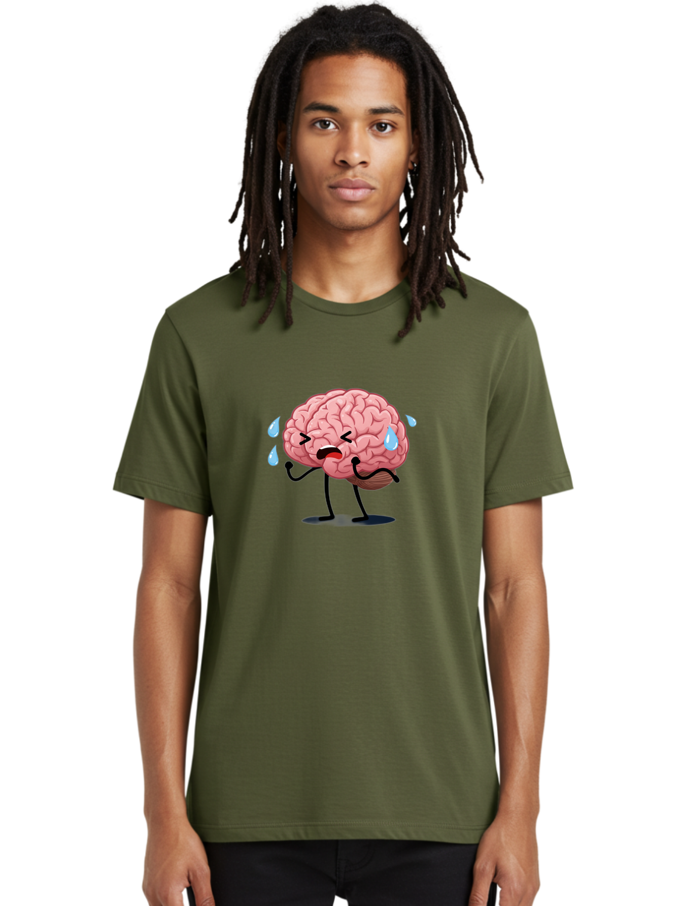Sad-Brain-4 Men'S Graphic Tee, 100% Cotton, Comfortable Casual Summer Wear, Machine Washable, Tired Brain, Cartoon Character, Stressed Brain, Fatigue, Brain Drain, Mental Exhaustion, Overwhelmed, Anxiety, Stress Response, Emotional Distress, Bab370