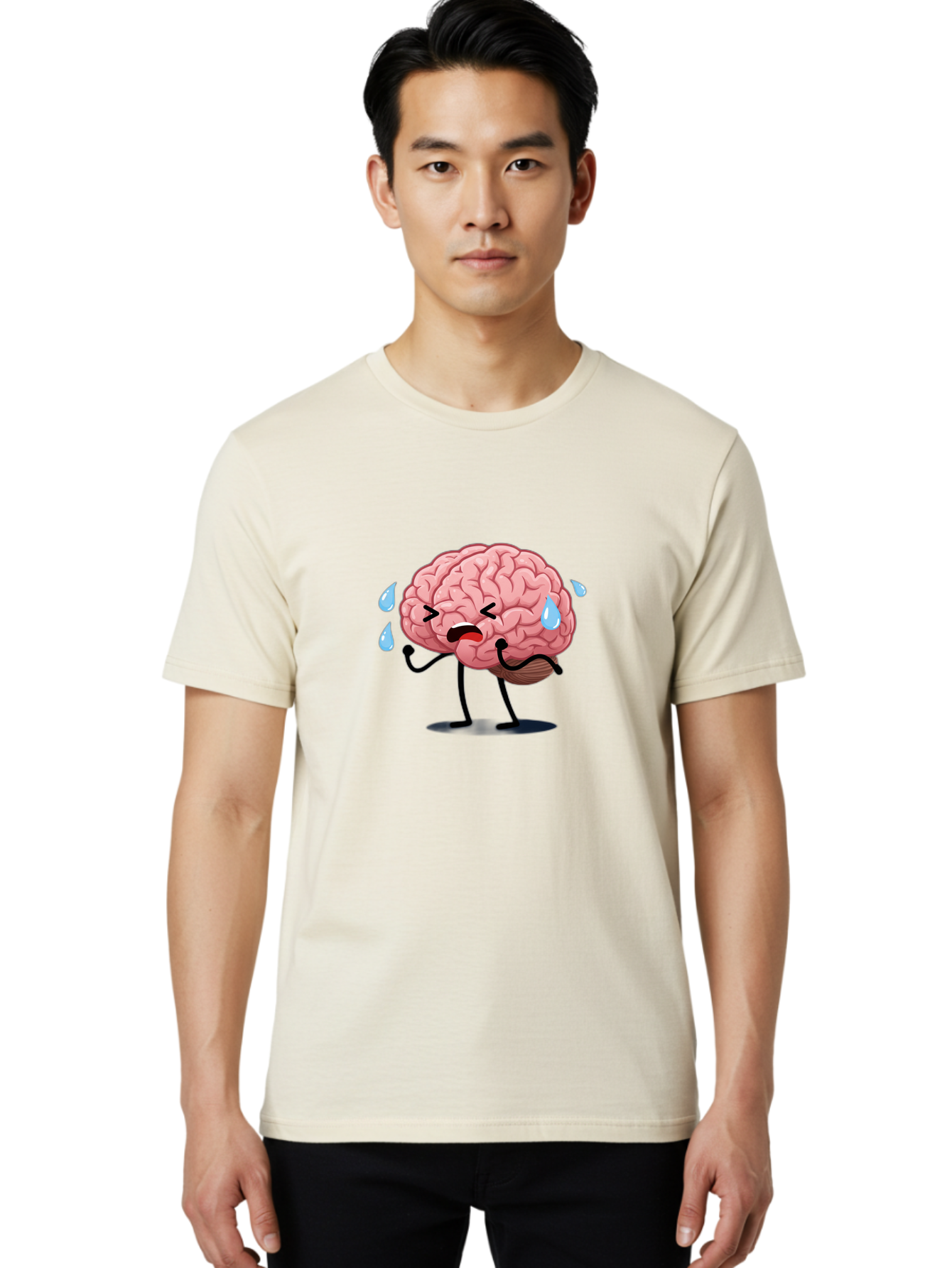 Sad-Brain-4 Men'S Graphic Tee, 100% Cotton, Comfortable Casual Summer Wear, Machine Washable, Tired Brain, Cartoon Character, Stressed Brain, Fatigue, Brain Drain, Mental Exhaustion, Overwhelmed, Anxiety, Stress Response, Emotional Distress, Bab370