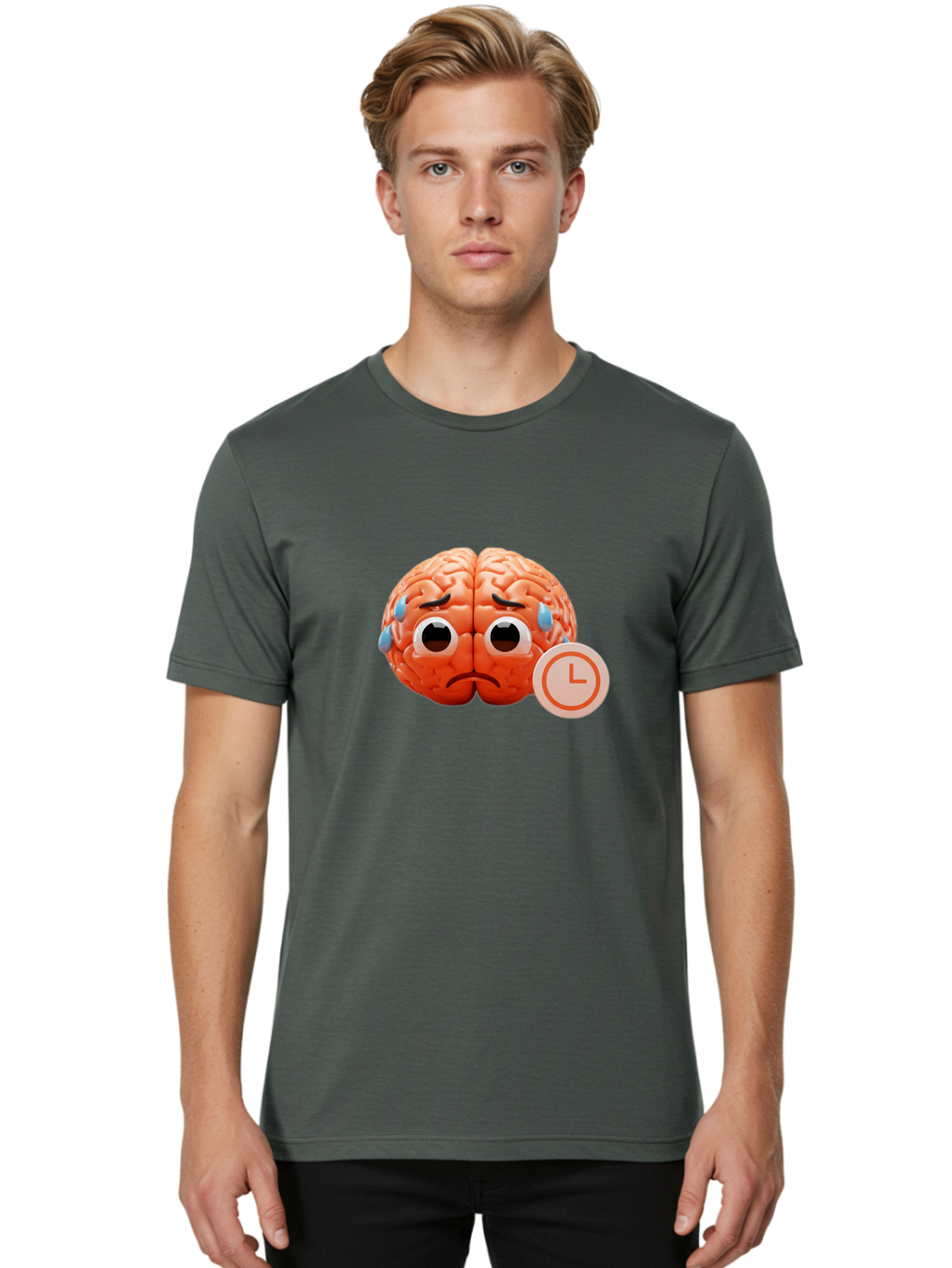 Sad-Brain Men'S Graphic Tee, 100% Cotton, Comfortable Casual Summer Wear, Machine Washable, Sad Brain, Stressed Brain, Anxiety, Frowning Face, Tears, Mental Health, Brain Fatigue, Stress Emotions, Frustration, Cartoon Brain Bab371