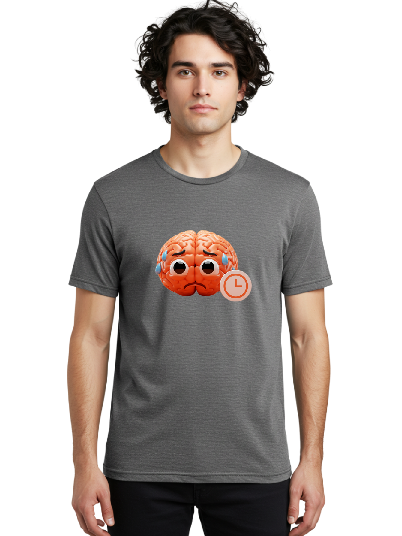 Sad-Brain Men'S Graphic Tee, 100% Cotton, Comfortable Casual Summer Wear, Machine Washable, Sad Brain, Stressed Brain, Anxiety, Frowning Face, Tears, Mental Health, Brain Fatigue, Stress Emotions, Frustration, Cartoon Brain Bab371