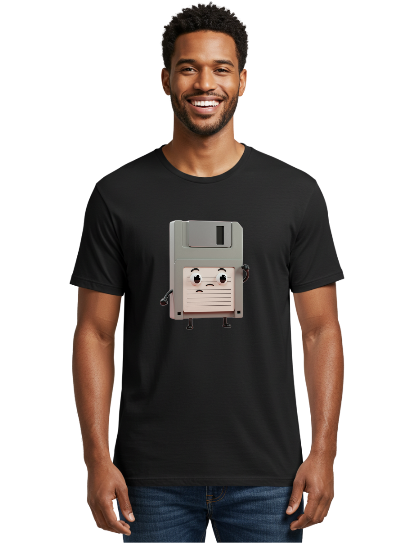 Sad-Floppy-Disk Men'S Graphic Tee, 100% Cotton, Comfortable Casual Summer Wear, Machine Washable, Retro Floppy Disk, Cartoon Character, Anthropomorphic Design, Sad Expression, 3D Rendering, Nostalgic Tech, Retro Computing, Bab373