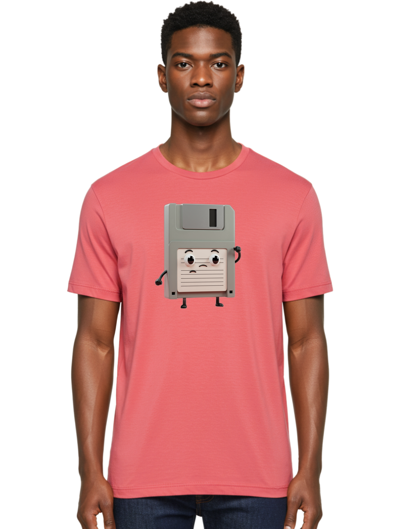 Sad-Floppy-Disk Men'S Graphic Tee, 100% Cotton, Comfortable Casual Summer Wear, Machine Washable, Retro Floppy Disk, Cartoon Character, Anthropomorphic Design, Sad Expression, 3D Rendering, Nostalgic Tech, Retro Computing, Bab373