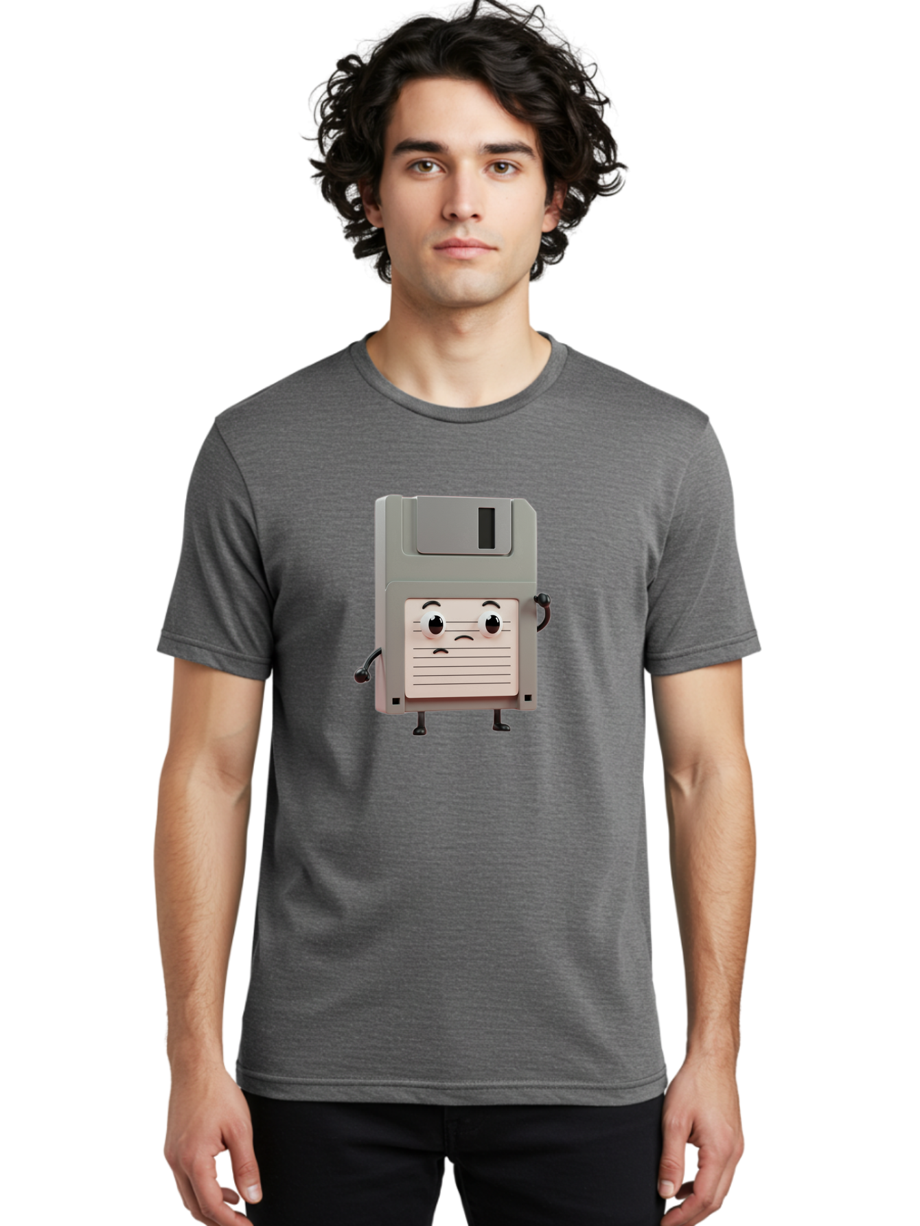 Sad-Floppy-Disk Men'S Graphic Tee, 100% Cotton, Comfortable Casual Summer Wear, Machine Washable, Retro Floppy Disk, Cartoon Character, Anthropomorphic Design, Sad Expression, 3D Rendering, Nostalgic Tech, Retro Computing, Bab373