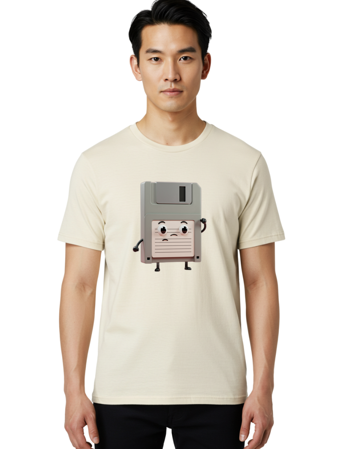 Sad-Floppy-Disk Men'S Graphic Tee, 100% Cotton, Comfortable Casual Summer Wear, Machine Washable, Retro Floppy Disk, Cartoon Character, Anthropomorphic Design, Sad Expression, 3D Rendering, Nostalgic Tech, Retro Computing, Bab373