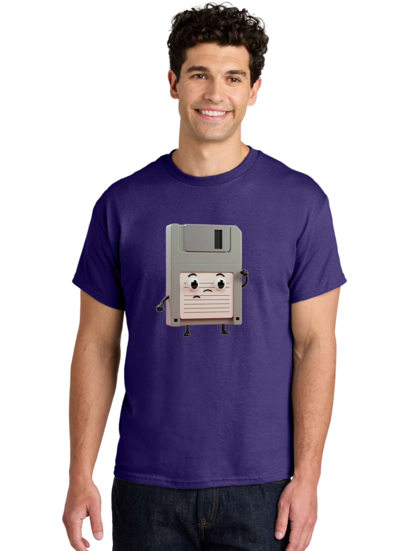 Sad-Floppy-Disk Men'S Graphic Tee, 100% Cotton, Comfortable Casual Summer Wear, Machine Washable, Retro Floppy Disk, Cartoon Character, Anthropomorphic Design, Sad Expression, 3D Rendering, Nostalgic Tech, Retro Computing, Bab373