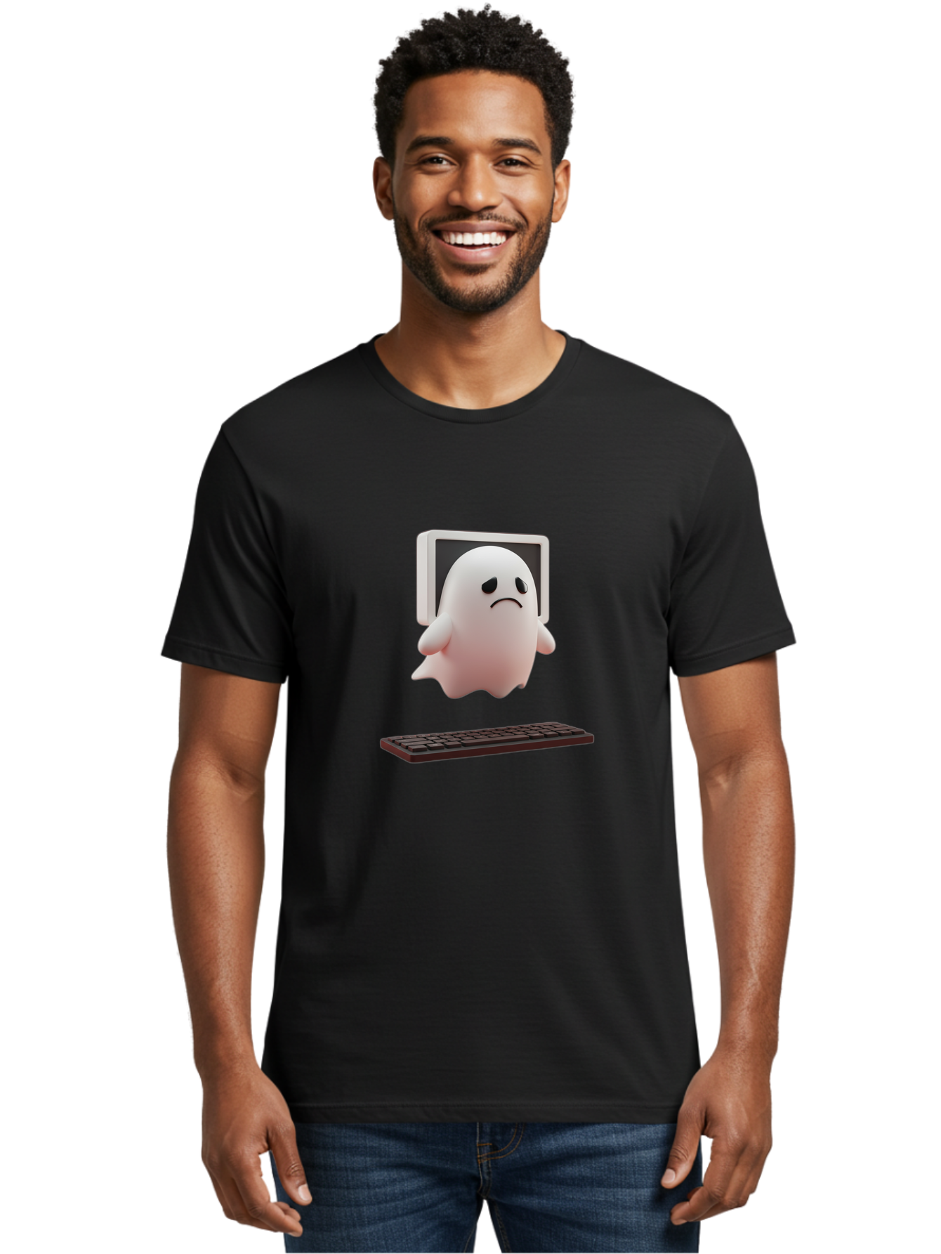 Sad-Ghost Men'S Graphic Tee, 100% Cotton, Comfortable Casual Summer Wear, Machine Washable, Sad Ghost, Unhappy Facial Expression, Ghost Character, Computer Monitor, Keyboard, Digital Illustration, 3D Rendering, Cartoon Ghost, Frowning Face Bab374