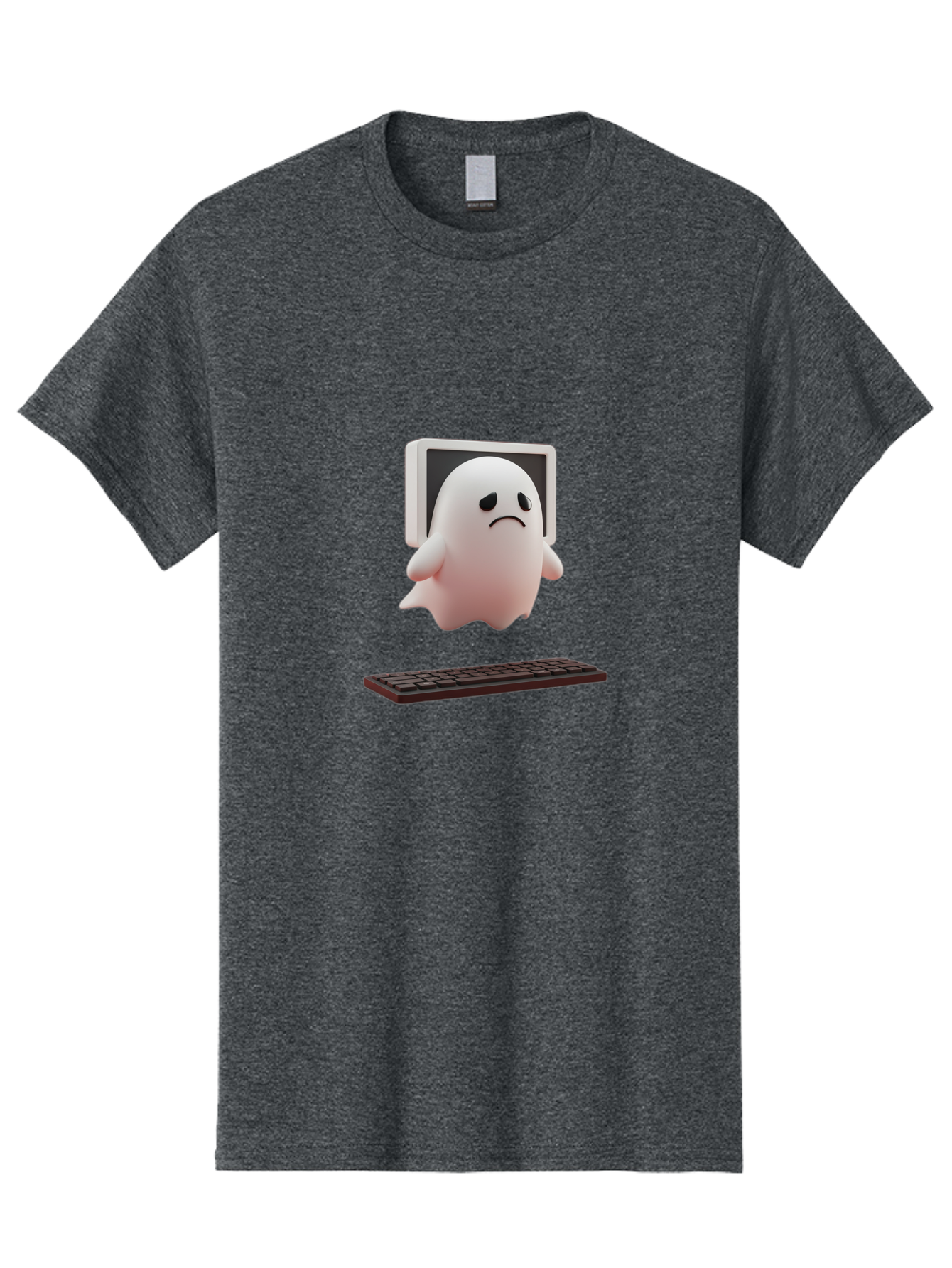 Sad-Ghost Men'S Graphic Tee, 100% Cotton, Comfortable Casual Summer Wear, Machine Washable, Sad Ghost, Unhappy Facial Expression, Ghost Character, Computer Monitor, Keyboard, Digital Illustration, 3D Rendering, Cartoon Ghost, Frowning Face Bab374