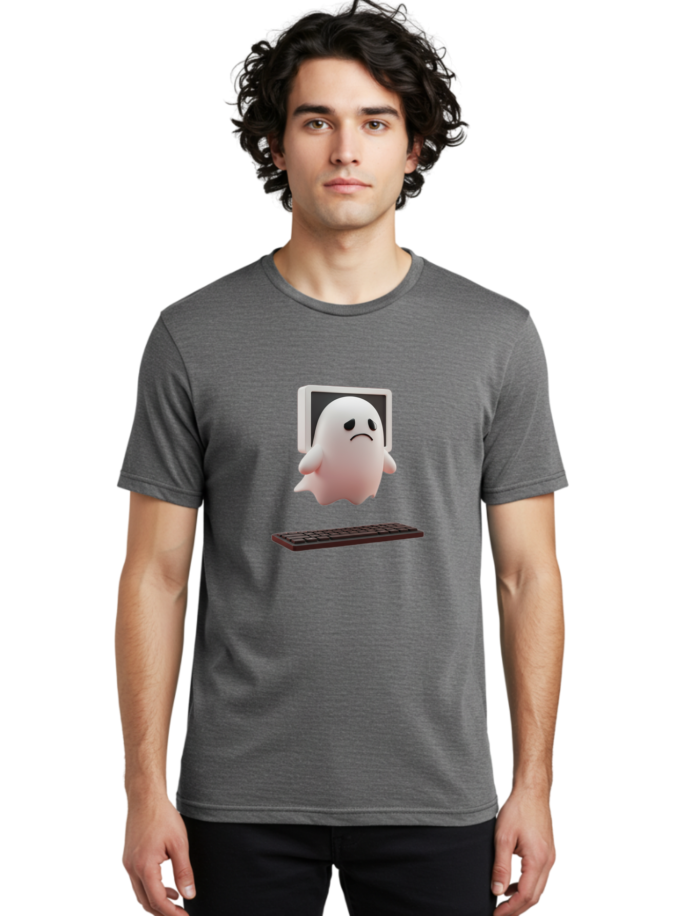 Sad-Ghost Men'S Graphic Tee, 100% Cotton, Comfortable Casual Summer Wear, Machine Washable, Sad Ghost, Unhappy Facial Expression, Ghost Character, Computer Monitor, Keyboard, Digital Illustration, 3D Rendering, Cartoon Ghost, Frowning Face Bab374