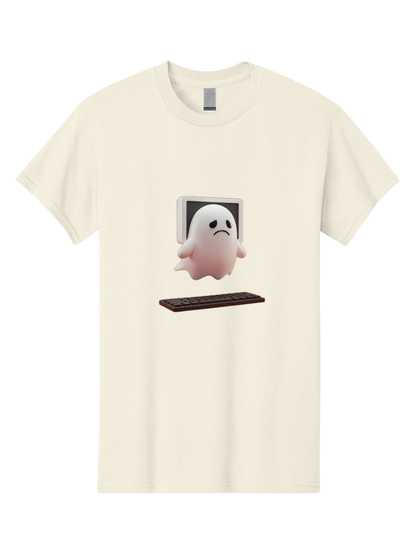 Sad-Ghost Men'S Graphic Tee, 100% Cotton, Comfortable Casual Summer Wear, Machine Washable, Sad Ghost, Unhappy Facial Expression, Ghost Character, Computer Monitor, Keyboard, Digital Illustration, 3D Rendering, Cartoon Ghost, Frowning Face Bab374