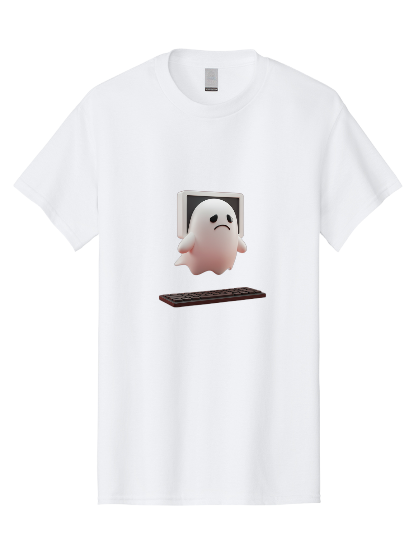 Sad-Ghost Men'S Graphic Tee, 100% Cotton, Comfortable Casual Summer Wear, Machine Washable, Sad Ghost, Unhappy Facial Expression, Ghost Character, Computer Monitor, Keyboard, Digital Illustration, 3D Rendering, Cartoon Ghost, Frowning Face Bab374