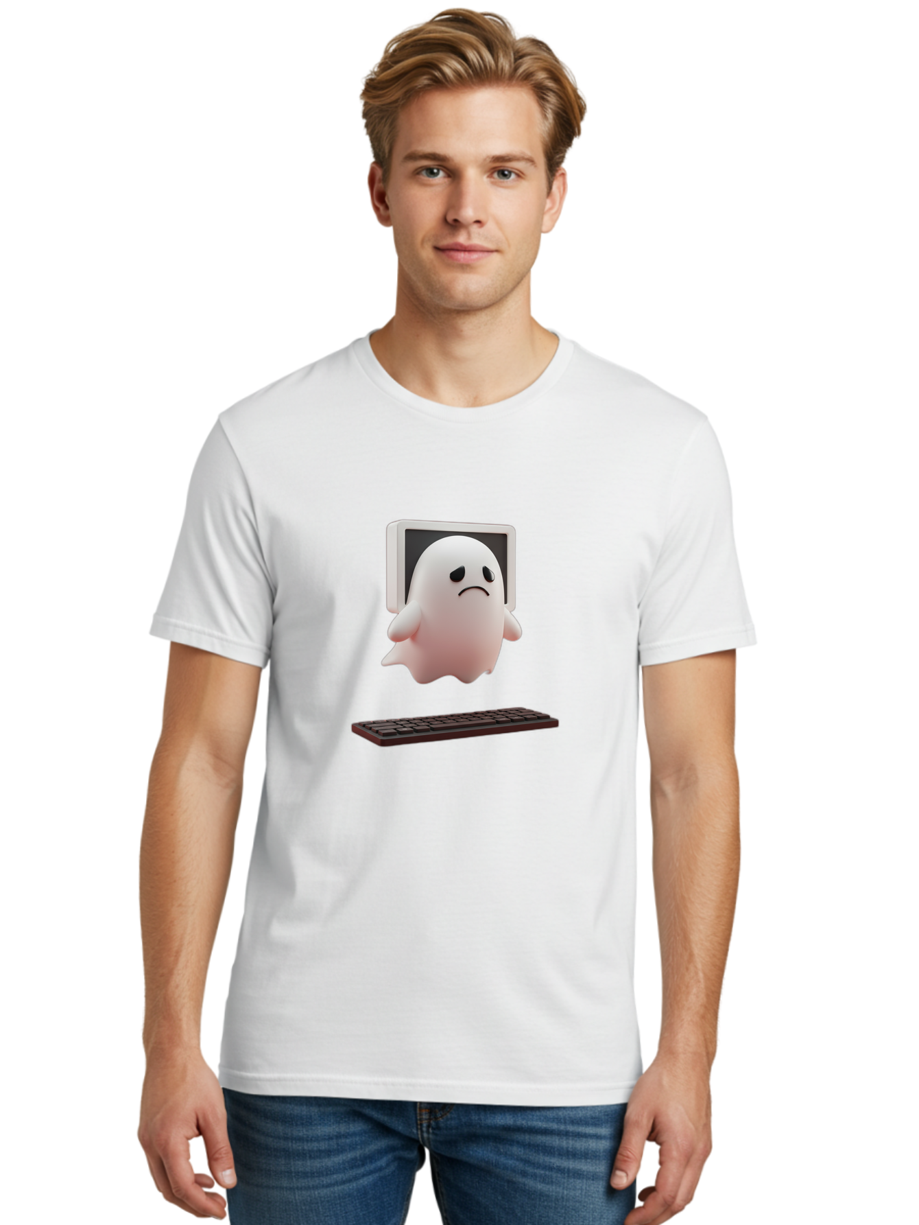 Sad-Ghost Men'S Graphic Tee, 100% Cotton, Comfortable Casual Summer Wear, Machine Washable, Sad Ghost, Unhappy Facial Expression, Ghost Character, Computer Monitor, Keyboard, Digital Illustration, 3D Rendering, Cartoon Ghost, Frowning Face Bab374