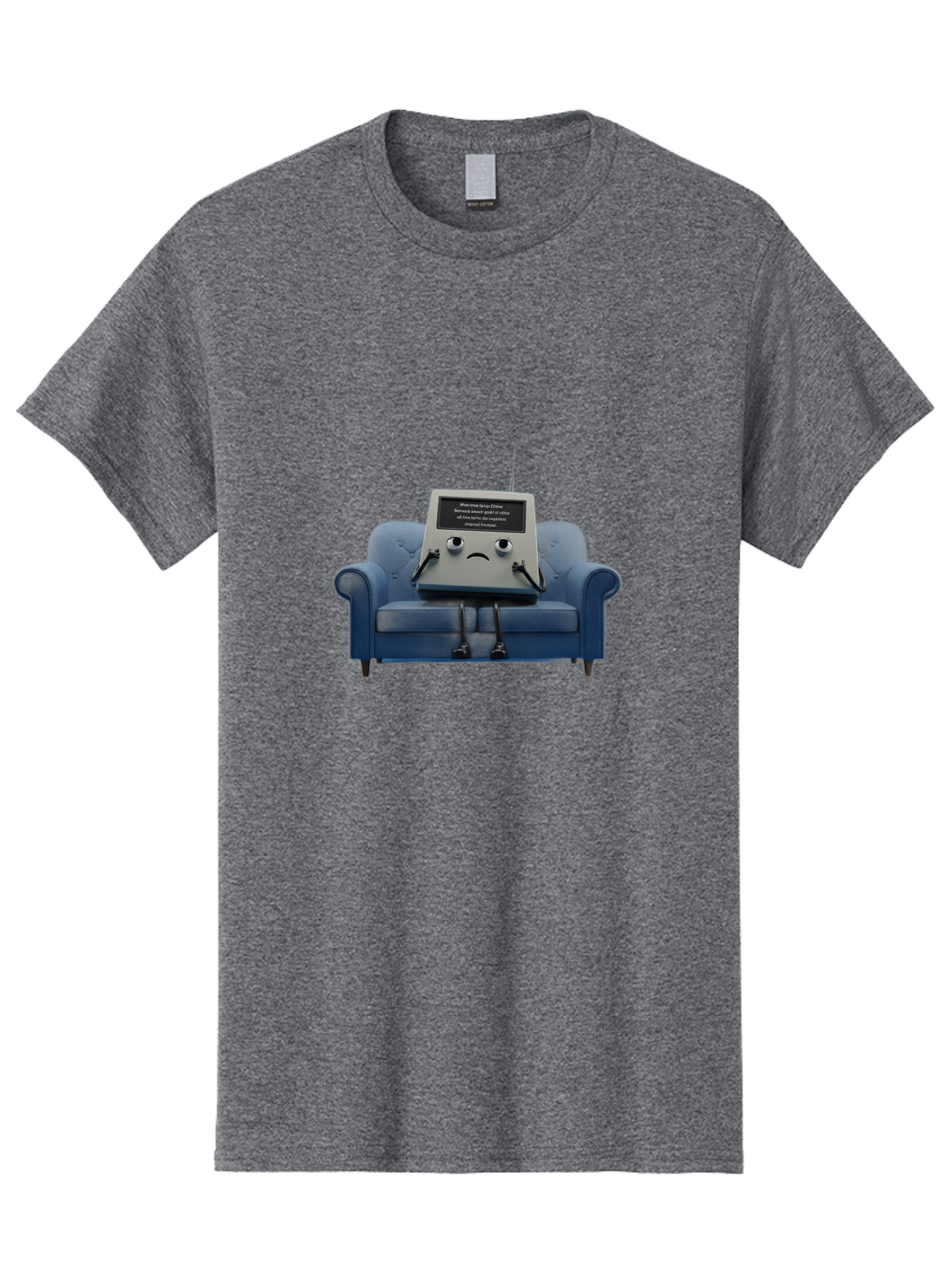 Sad-Laptop Men'S Graphic Tee, 100% Cotton, Comfortable Casual Summer Wear, Machine Washable, Sad Computer On Sofa, Blue Armchair, Frowning Face, Black Screen, Robotic Legs, Error Message, Quirky Character, Futuristic Design, Tech Humor, Bab375