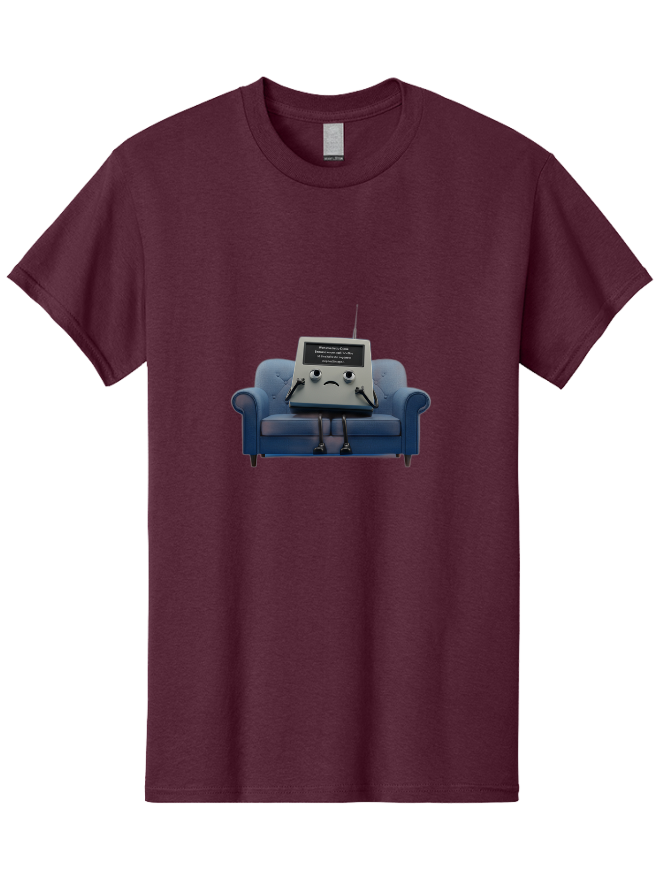 Sad-Laptop Men'S Graphic Tee, 100% Cotton, Comfortable Casual Summer Wear, Machine Washable, Sad Computer On Sofa, Blue Armchair, Frowning Face, Black Screen, Robotic Legs, Error Message, Quirky Character, Futuristic Design, Tech Humor, Bab375