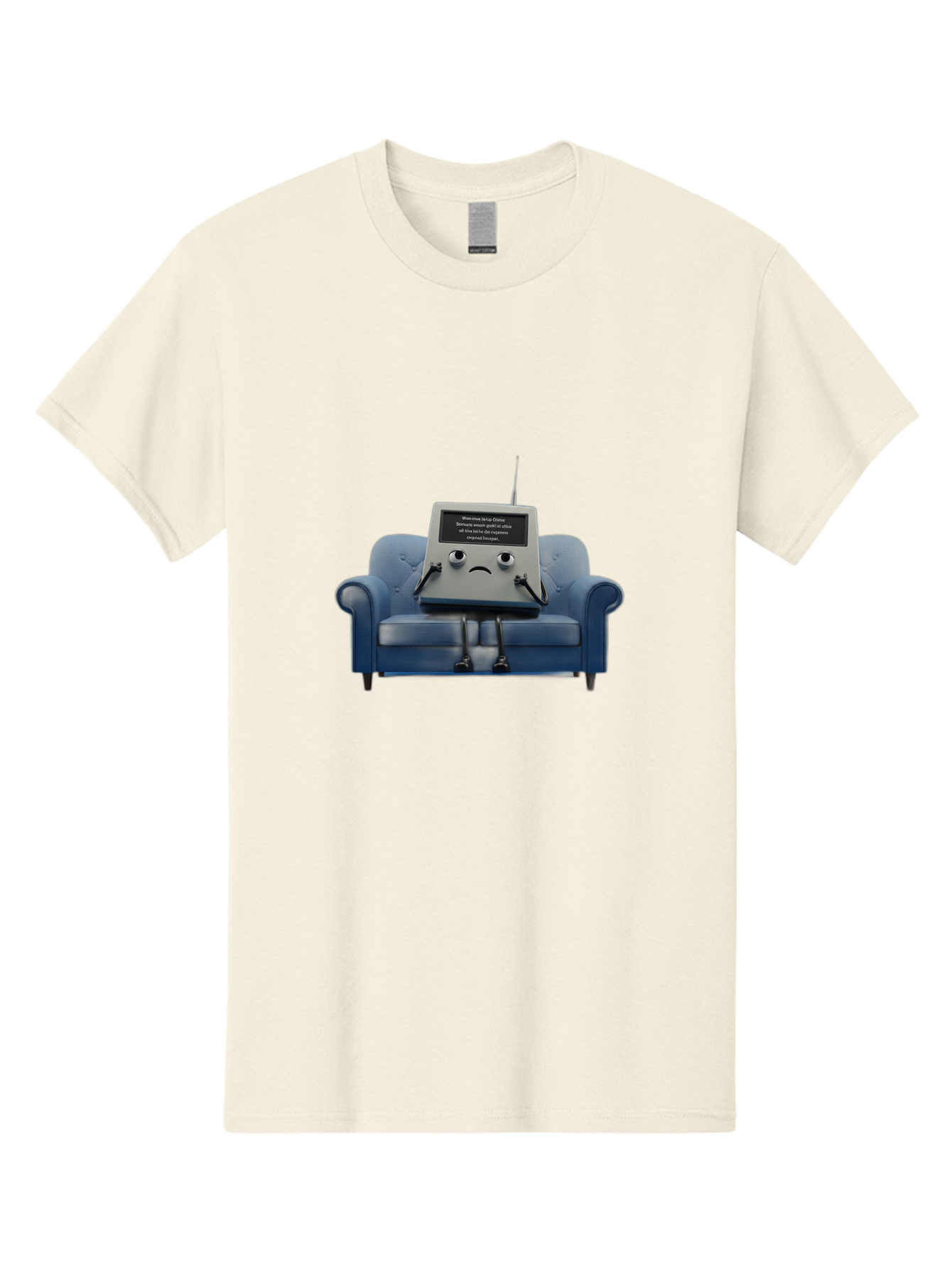 Sad-Laptop Men'S Graphic Tee, 100% Cotton, Comfortable Casual Summer Wear, Machine Washable, Sad Computer On Sofa, Blue Armchair, Frowning Face, Black Screen, Robotic Legs, Error Message, Quirky Character, Futuristic Design, Tech Humor, Bab375