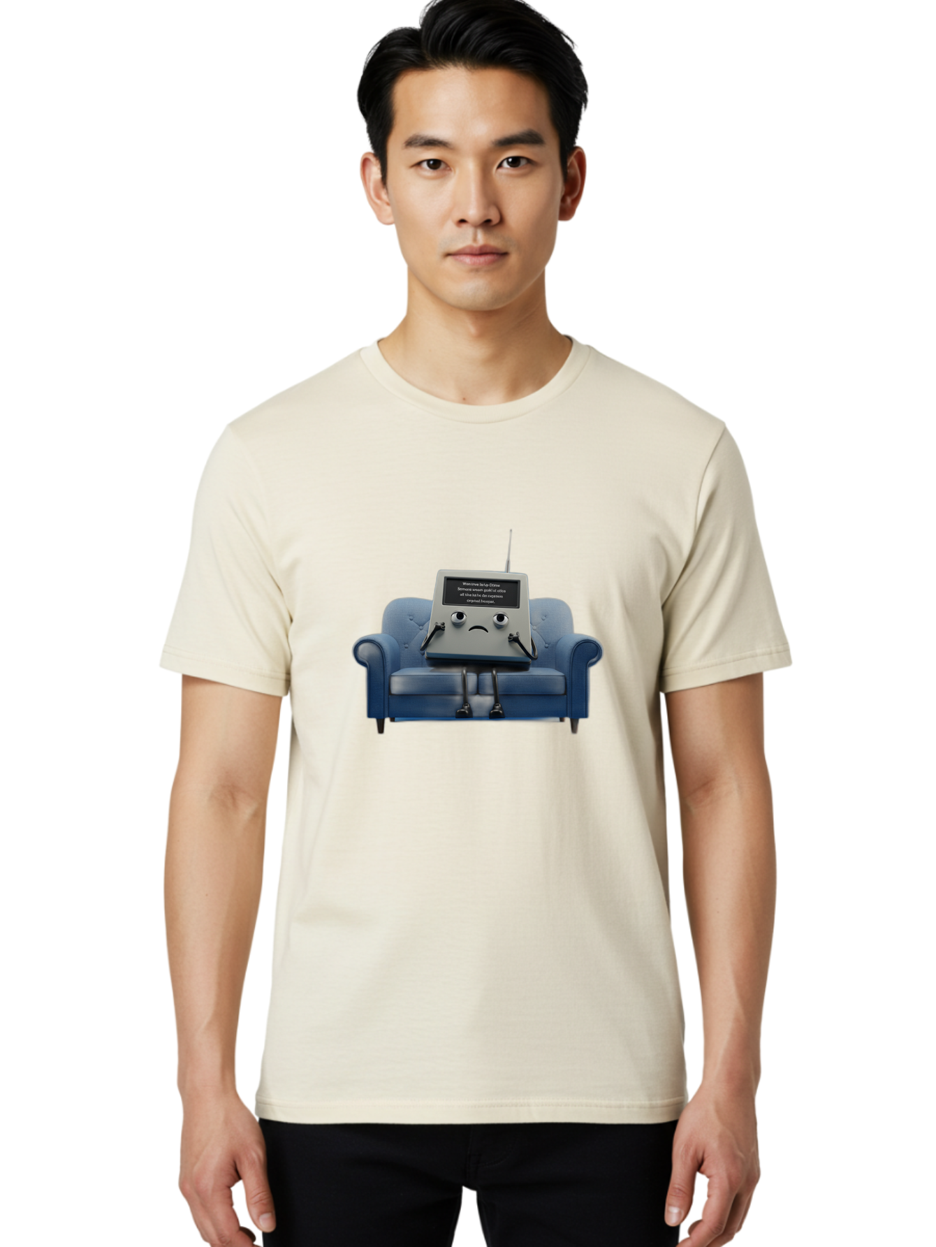 Sad-Laptop Men'S Graphic Tee, 100% Cotton, Comfortable Casual Summer Wear, Machine Washable, Sad Computer On Sofa, Blue Armchair, Frowning Face, Black Screen, Robotic Legs, Error Message, Quirky Character, Futuristic Design, Tech Humor, Bab375
