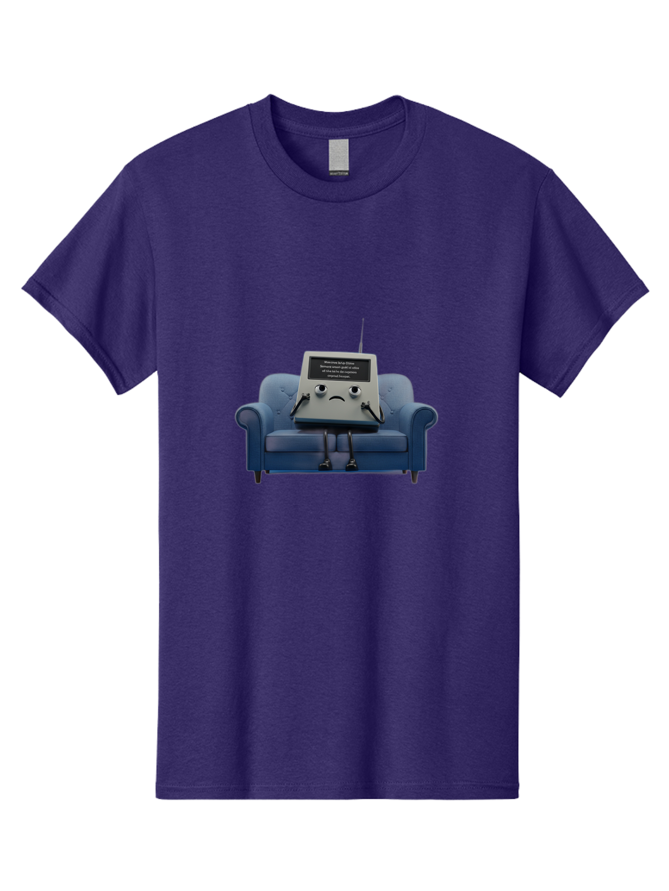 Sad-Laptop Men'S Graphic Tee, 100% Cotton, Comfortable Casual Summer Wear, Machine Washable, Sad Computer On Sofa, Blue Armchair, Frowning Face, Black Screen, Robotic Legs, Error Message, Quirky Character, Futuristic Design, Tech Humor, Bab375