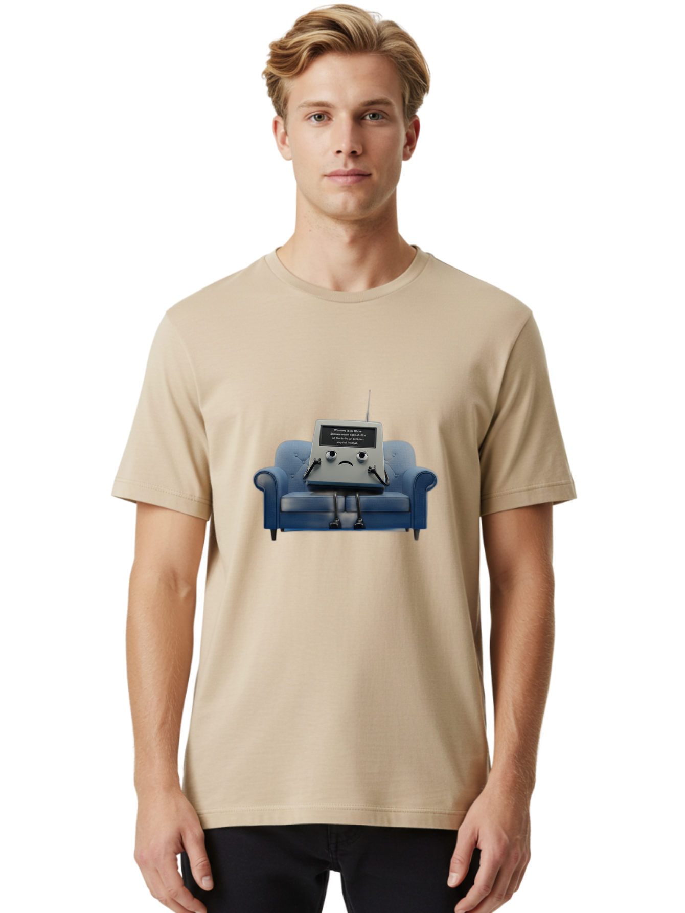 Sad-Laptop Men'S Graphic Tee, 100% Cotton, Comfortable Casual Summer Wear, Machine Washable, Sad Computer On Sofa, Blue Armchair, Frowning Face, Black Screen, Robotic Legs, Error Message, Quirky Character, Futuristic Design, Tech Humor, Bab375