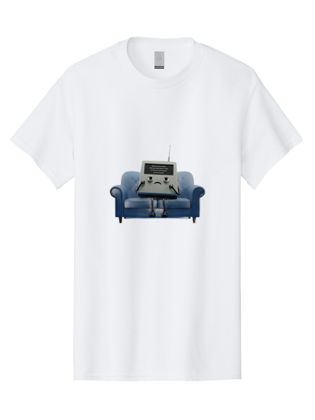 Sad-Laptop Men'S Graphic Tee, 100% Cotton, Comfortable Casual Summer Wear, Machine Washable, Sad Computer On Sofa, Blue Armchair, Frowning Face, Black Screen, Robotic Legs, Error Message, Quirky Character, Futuristic Design, Tech Humor, Bab375
