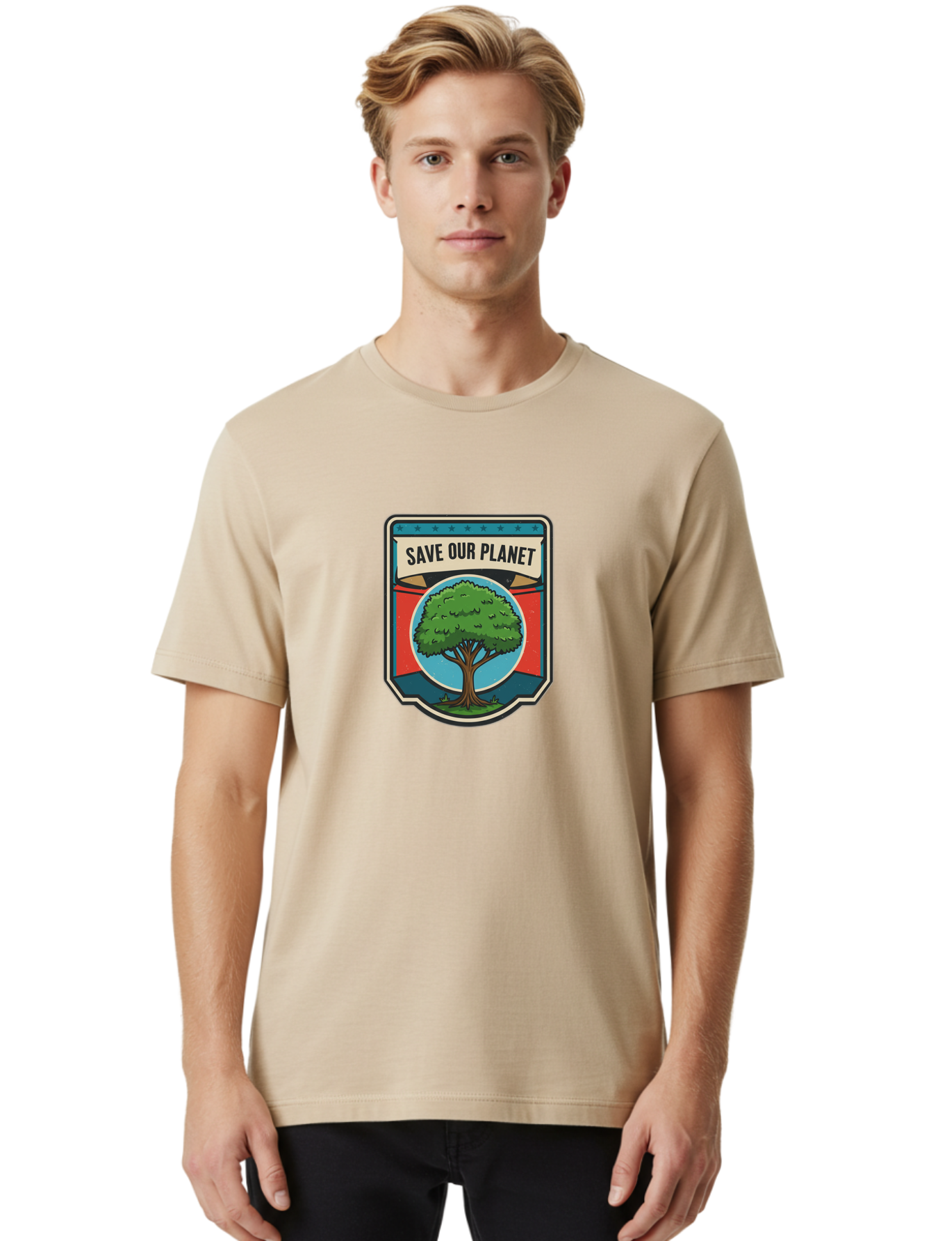 Save-Our-Planet-1 Men'S Graphic Tee, 100% Cotton, Comfortable Casual Summer Wear, Machine Washable, Eco-Friendly Logo, Tree Conservation, Environmental Protection, Green Initiative, Save The Planet, Eco Activism, Earth Day Symbol Bab377