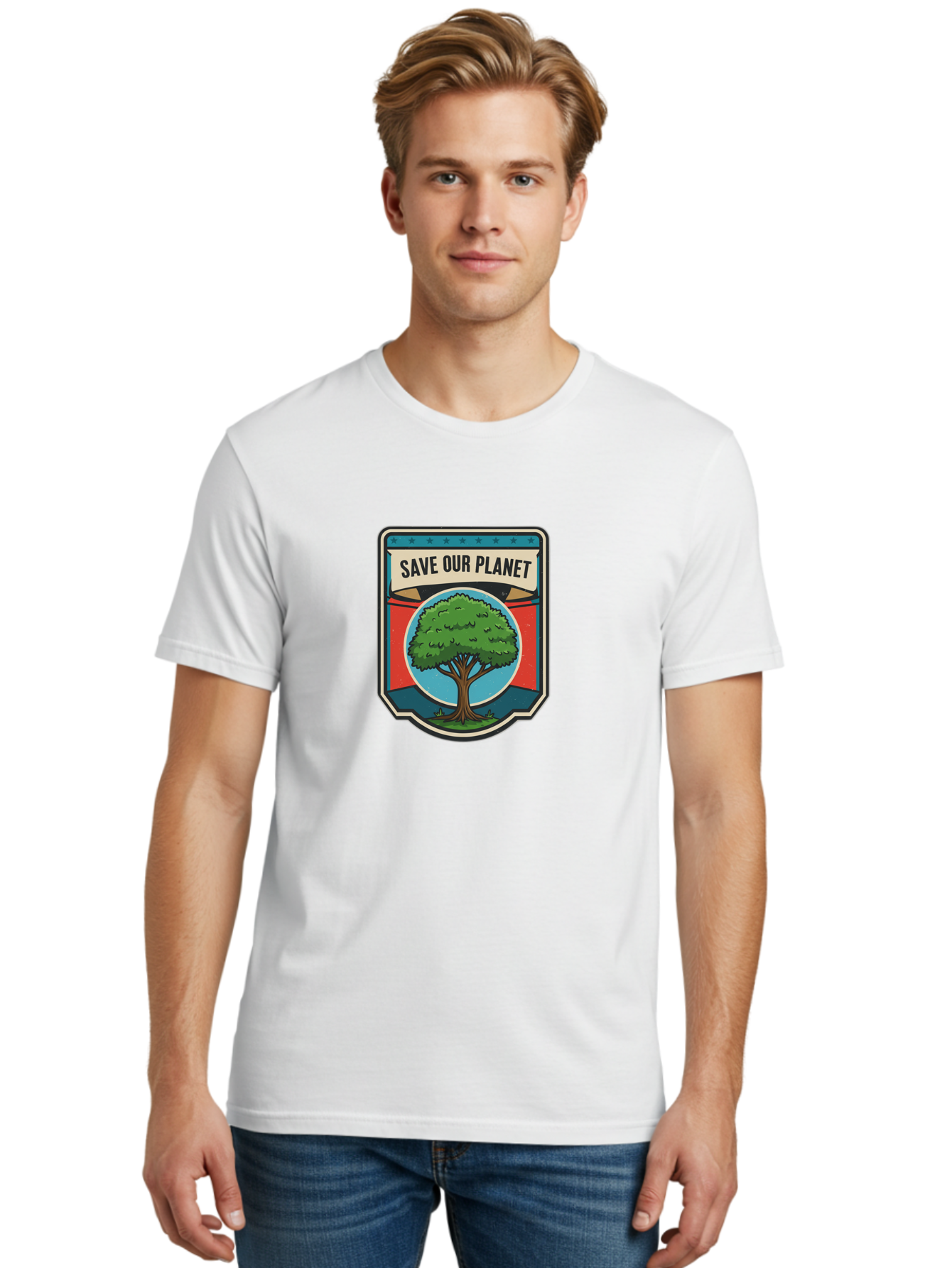 Save-Our-Planet-1 Men'S Graphic Tee, 100% Cotton, Comfortable Casual Summer Wear, Machine Washable, Eco-Friendly Logo, Tree Conservation, Environmental Protection, Green Initiative, Save The Planet, Eco Activism, Earth Day Symbol Bab377