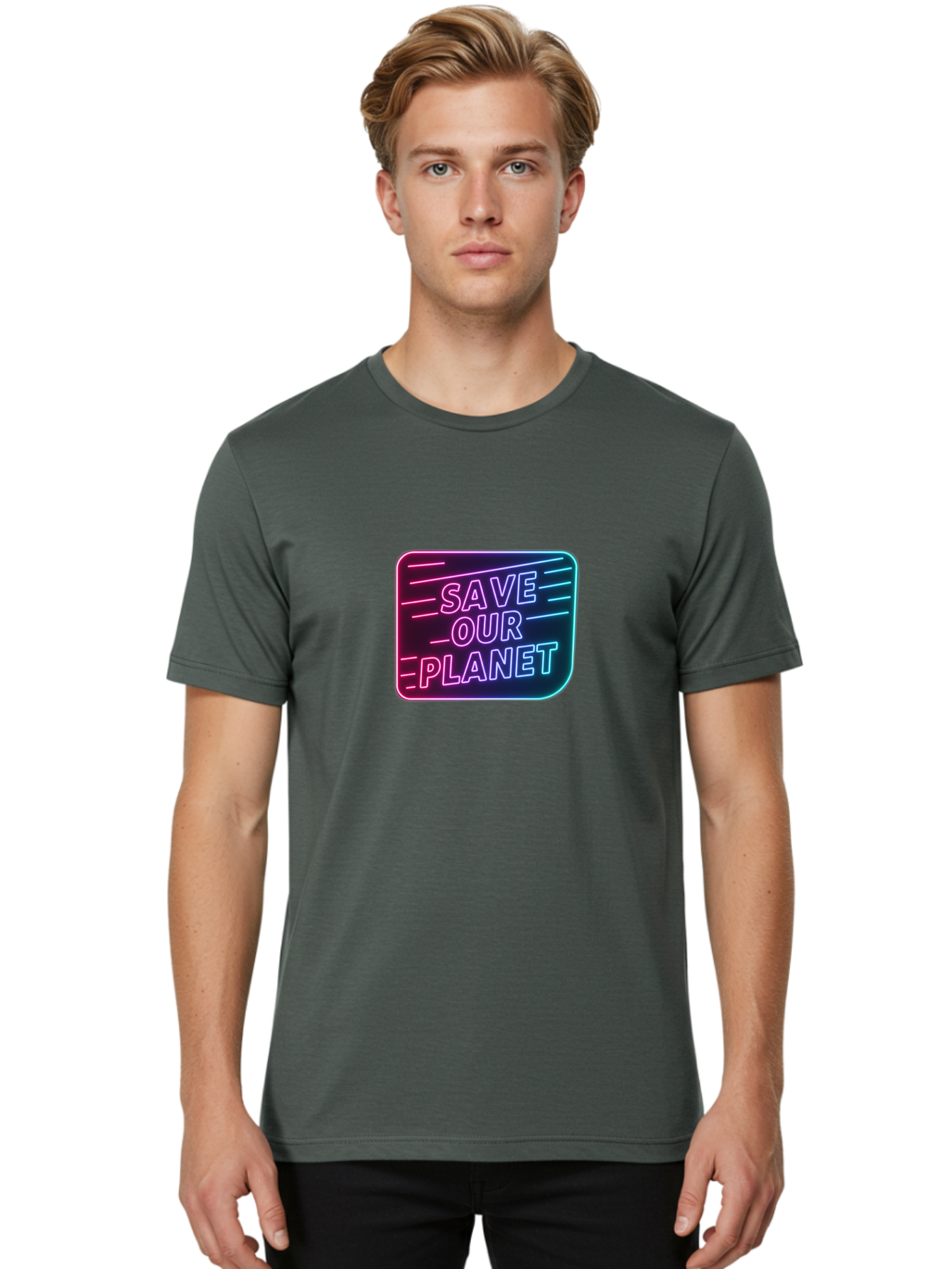Save-Our-Planet-3 Men'S Graphic Tee, 100% Cotton, Comfortable Casual Summer Wear, Machine Washable, Neon Sign, Save Our Planet, Environmental Awareness, Eco-Friendly Message, Sustainability, Conservation, Activism, Social Impact, Neon Lights Bab379