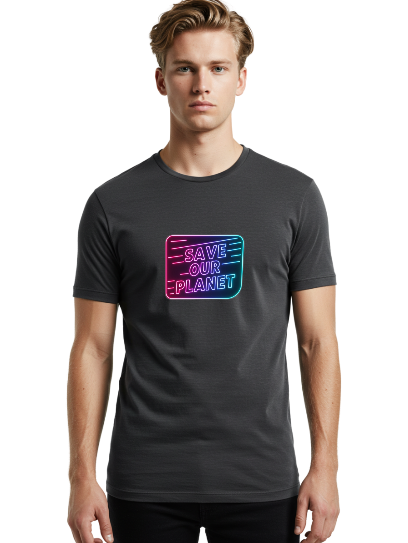 Save-Our-Planet-3 Men'S Graphic Tee, 100% Cotton, Comfortable Casual Summer Wear, Machine Washable, Neon Sign, Save Our Planet, Environmental Awareness, Eco-Friendly Message, Sustainability, Conservation, Activism, Social Impact, Neon Lights Bab379