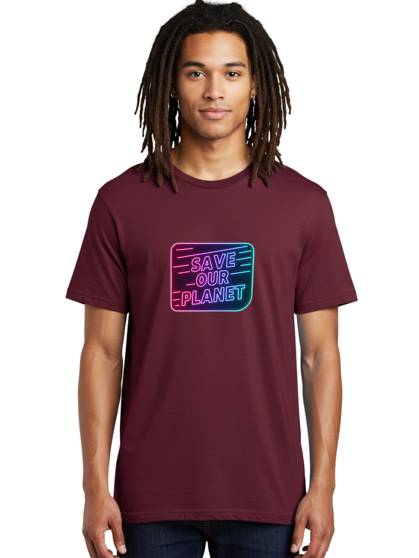 Save-Our-Planet-3 Men'S Graphic Tee, 100% Cotton, Comfortable Casual Summer Wear, Machine Washable, Neon Sign, Save Our Planet, Environmental Awareness, Eco-Friendly Message, Sustainability, Conservation, Activism, Social Impact, Neon Lights Bab379