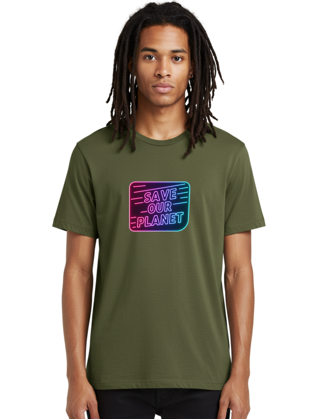 Save-Our-Planet-3 Men'S Graphic Tee, 100% Cotton, Comfortable Casual Summer Wear, Machine Washable, Neon Sign, Save Our Planet, Environmental Awareness, Eco-Friendly Message, Sustainability, Conservation, Activism, Social Impact, Neon Lights Bab379