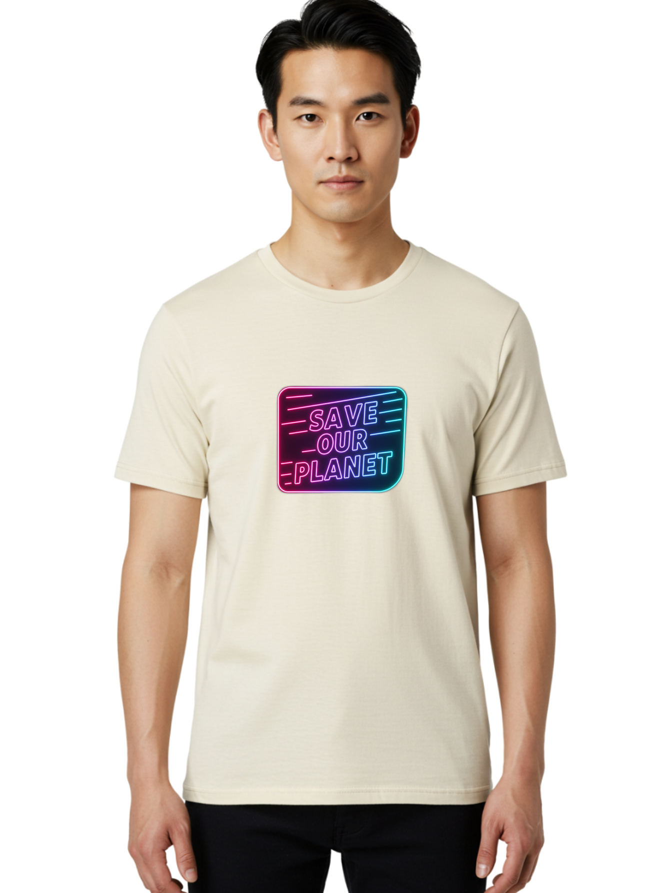 Save-Our-Planet-3 Men'S Graphic Tee, 100% Cotton, Comfortable Casual Summer Wear, Machine Washable, Neon Sign, Save Our Planet, Environmental Awareness, Eco-Friendly Message, Sustainability, Conservation, Activism, Social Impact, Neon Lights Bab379