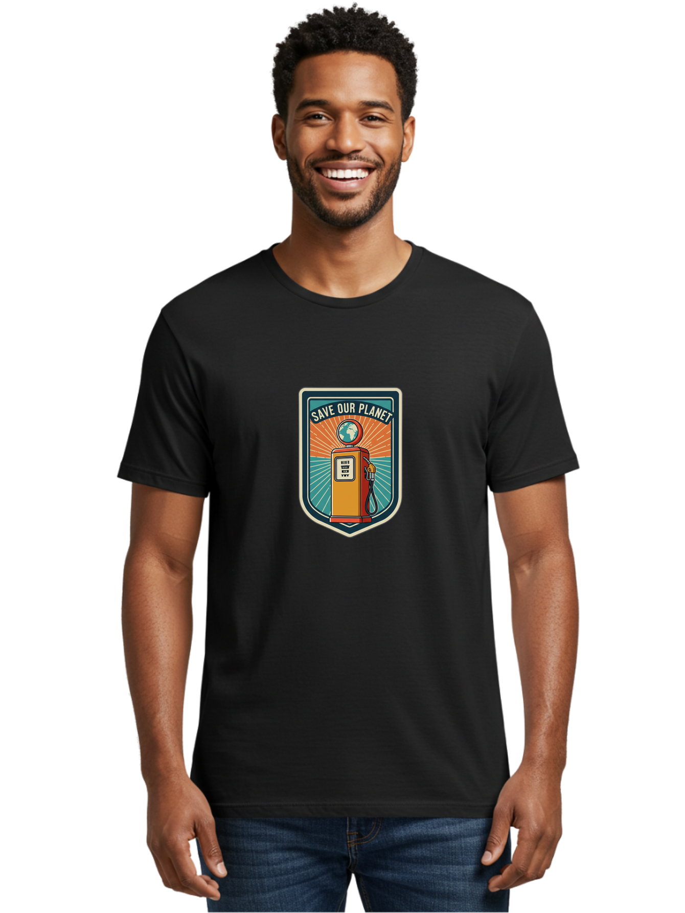 Save-Our-Planet-4 Men'S Graphic Tee, 100% Cotton, Comfortable Casual Summer Wear, Machine Washable, Gas Pump, Eco-Friendly Message, Save Our Planet, Environmental Awareness, Sustainable Living, Green Initiative, Retro-Futuristic Design, Bab380