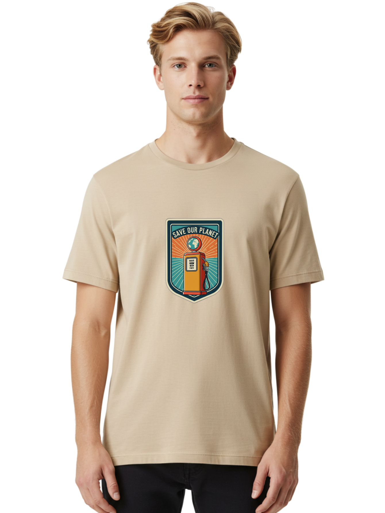 Save-Our-Planet-4 Men'S Graphic Tee, 100% Cotton, Comfortable Casual Summer Wear, Machine Washable, Gas Pump, Eco-Friendly Message, Save Our Planet, Environmental Awareness, Sustainable Living, Green Initiative, Retro-Futuristic Design, Bab380