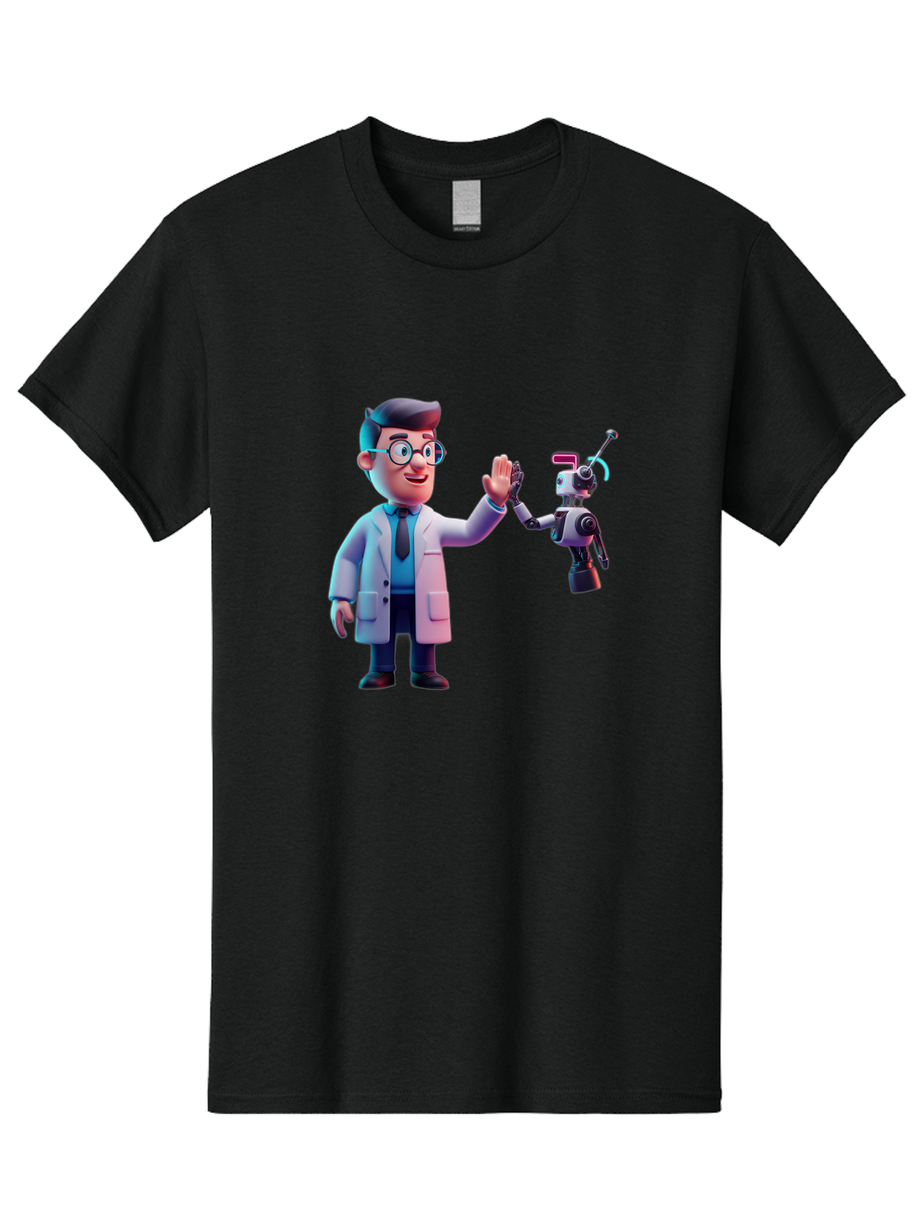 Scientist-And-Robot Men'S Graphic Tee, 100% Cotton, Comfortable Casual Summer Wear, Machine Washable, Scientist In Lab Coat, Robot Companion, High Five Gesture, Futuristic Technology, Artificial Intelligence, Collaboration, Teamwork, Bab387
