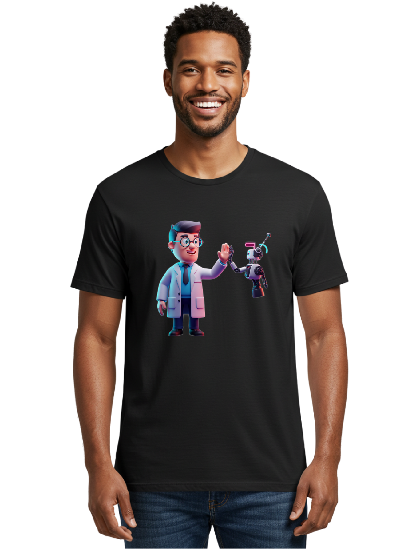 Scientist-And-Robot Men'S Graphic Tee, 100% Cotton, Comfortable Casual Summer Wear, Machine Washable, Scientist In Lab Coat, Robot Companion, High Five Gesture, Futuristic Technology, Artificial Intelligence, Collaboration, Teamwork, Bab387