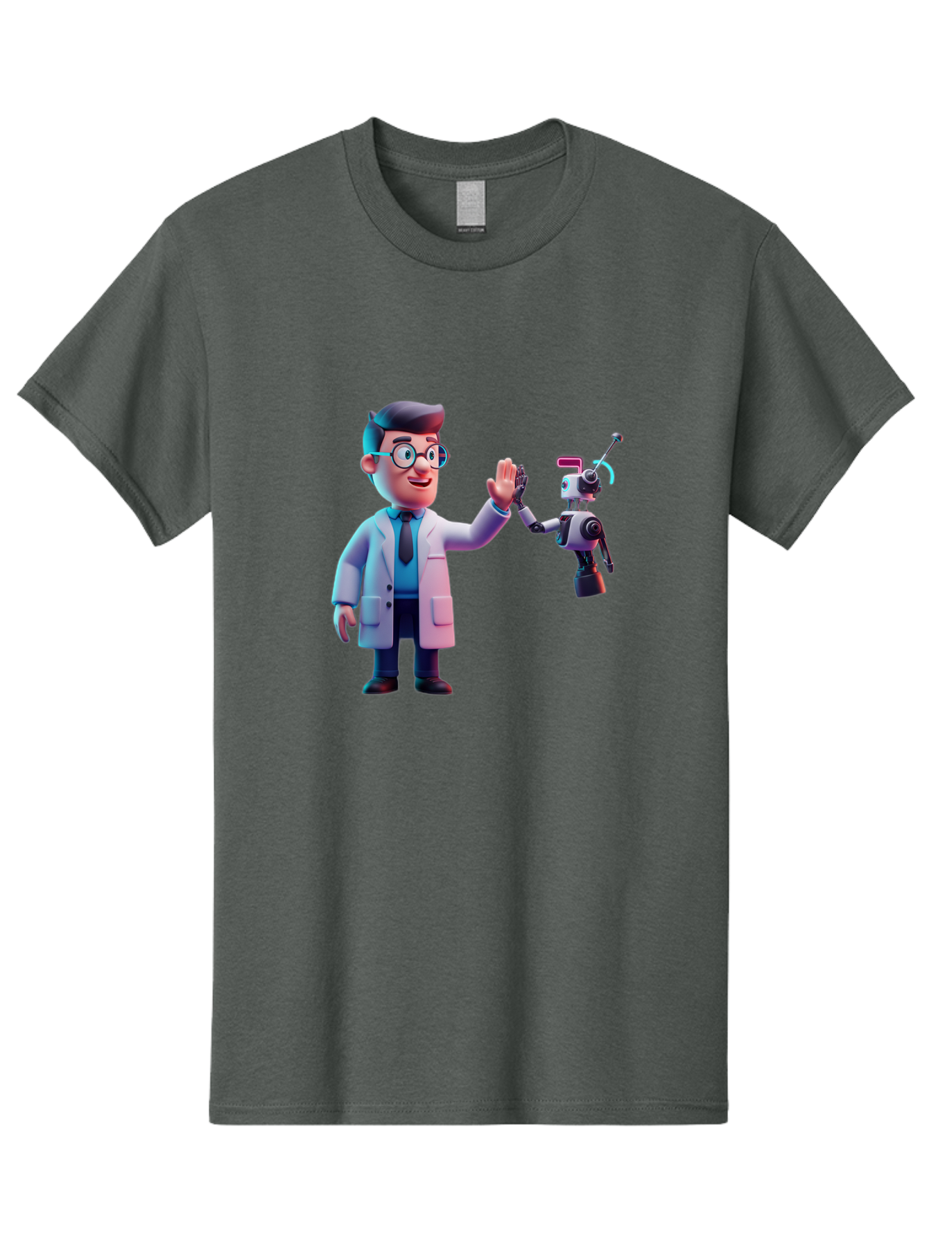 Scientist-And-Robot Men'S Graphic Tee, 100% Cotton, Comfortable Casual Summer Wear, Machine Washable, Scientist In Lab Coat, Robot Companion, High Five Gesture, Futuristic Technology, Artificial Intelligence, Collaboration, Teamwork, Bab387