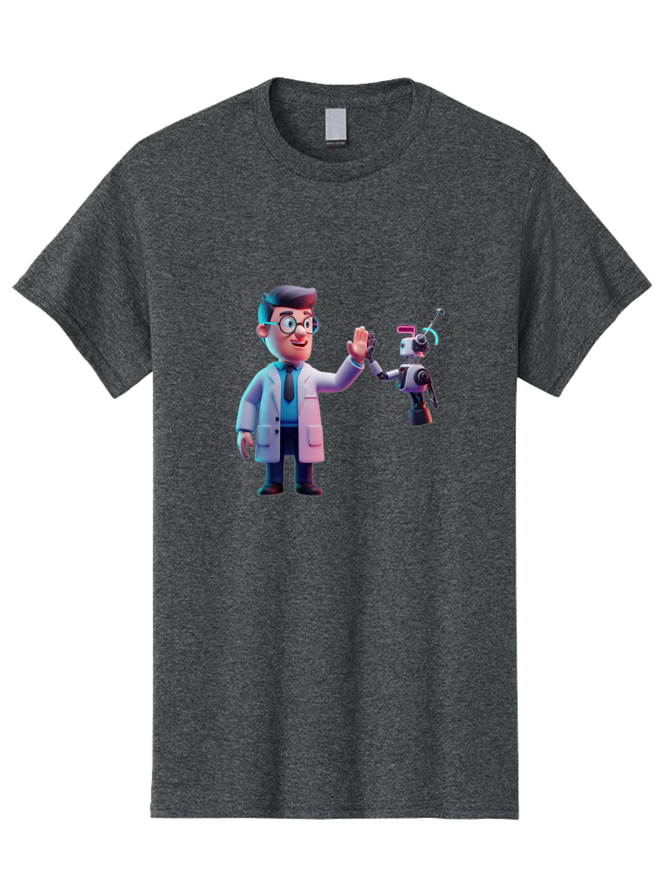 Scientist-And-Robot Men'S Graphic Tee, 100% Cotton, Comfortable Casual Summer Wear, Machine Washable, Scientist In Lab Coat, Robot Companion, High Five Gesture, Futuristic Technology, Artificial Intelligence, Collaboration, Teamwork, Bab387