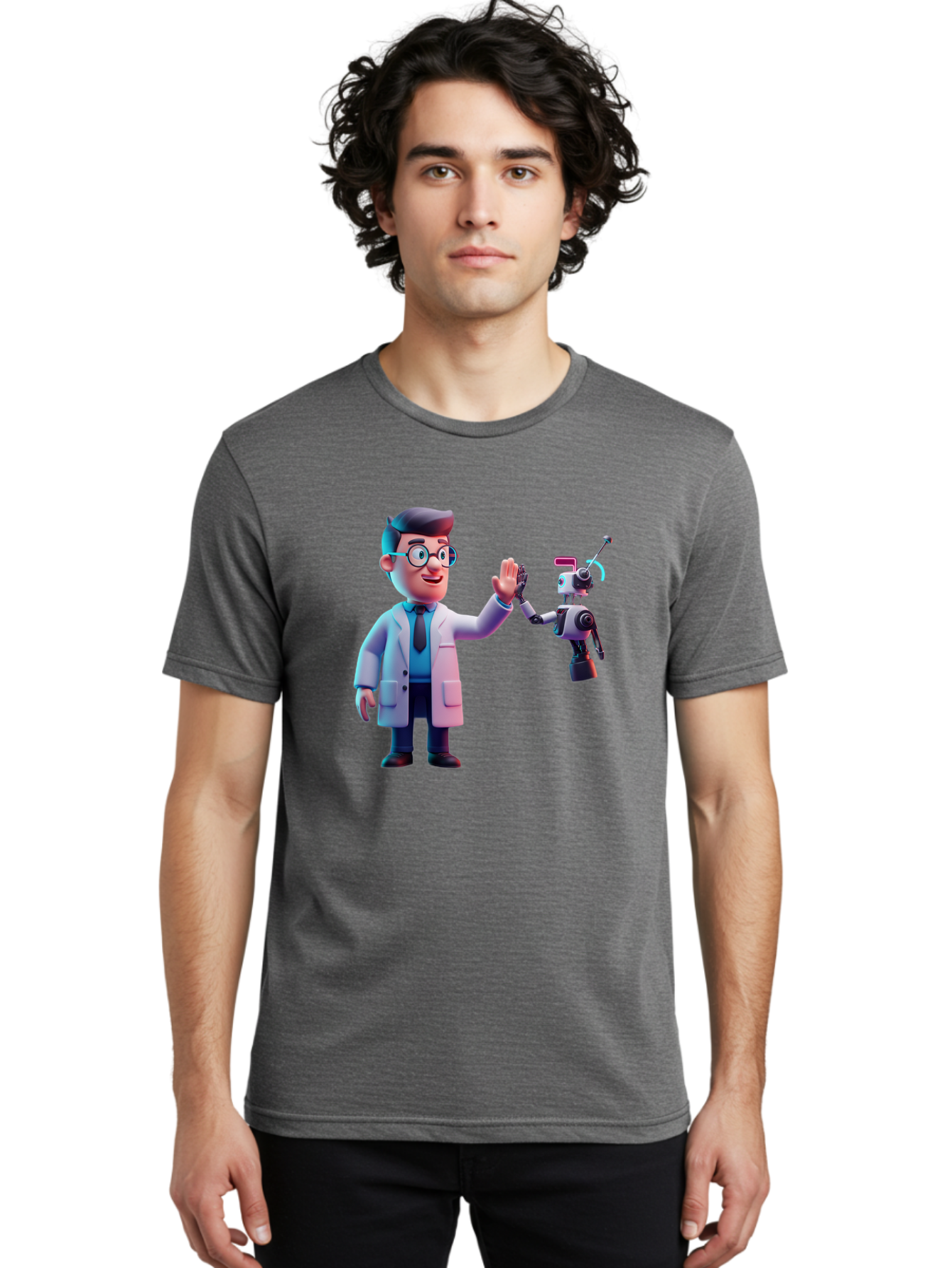 Scientist-And-Robot Men'S Graphic Tee, 100% Cotton, Comfortable Casual Summer Wear, Machine Washable, Scientist In Lab Coat, Robot Companion, High Five Gesture, Futuristic Technology, Artificial Intelligence, Collaboration, Teamwork, Bab387