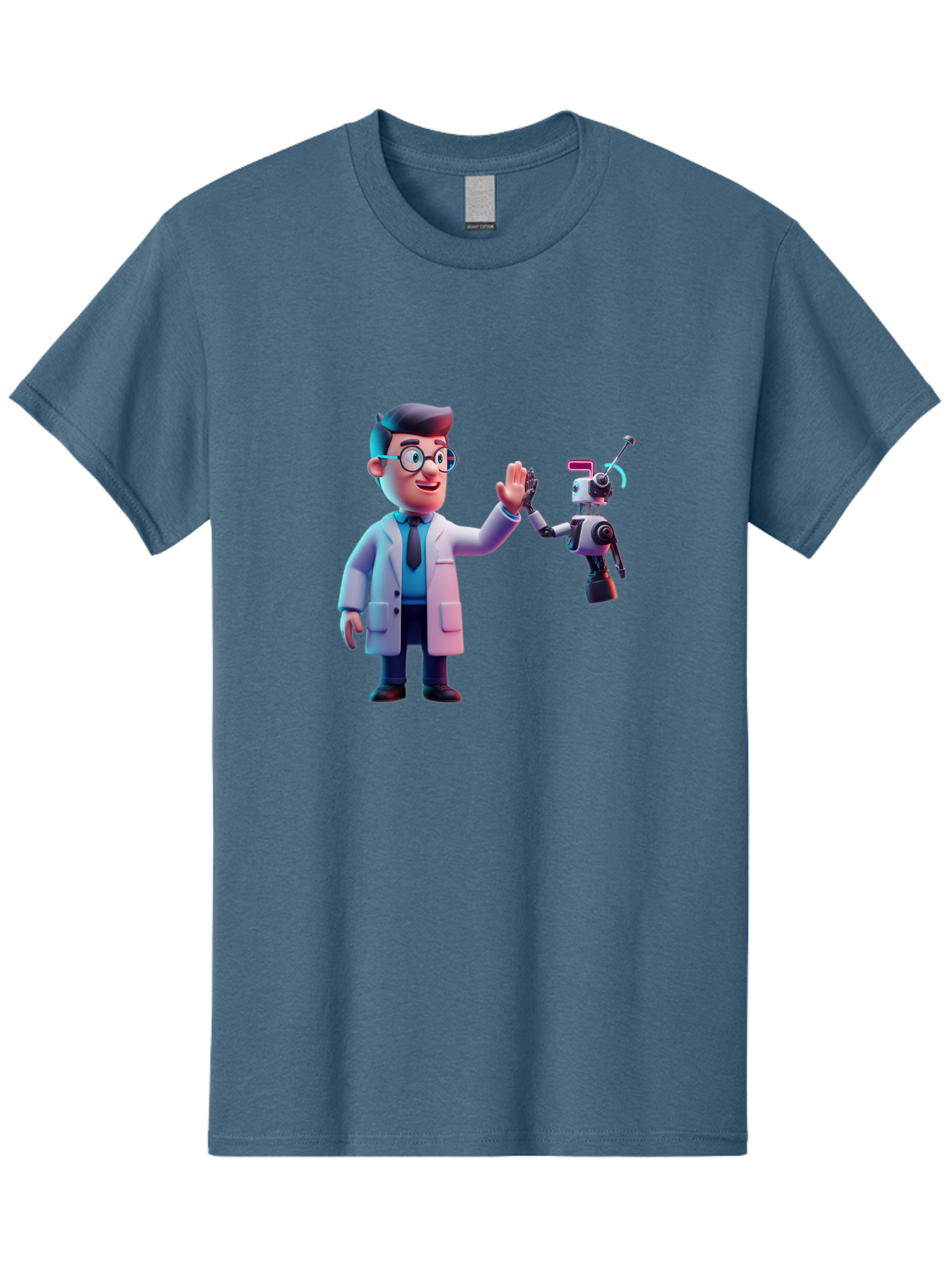 Scientist-And-Robot Men'S Graphic Tee, 100% Cotton, Comfortable Casual Summer Wear, Machine Washable, Scientist In Lab Coat, Robot Companion, High Five Gesture, Futuristic Technology, Artificial Intelligence, Collaboration, Teamwork, Bab387
