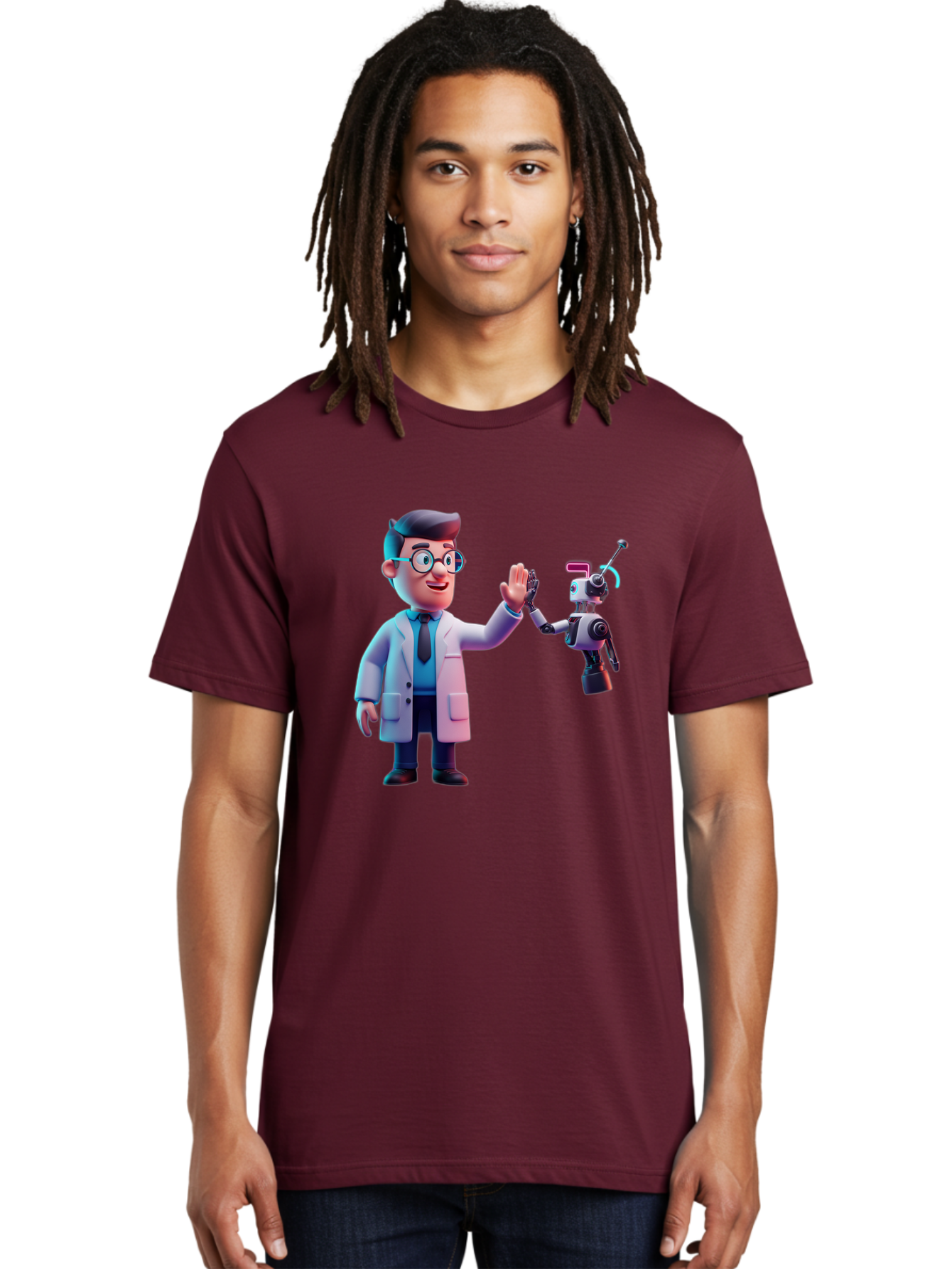 Scientist-And-Robot Men'S Graphic Tee, 100% Cotton, Comfortable Casual Summer Wear, Machine Washable, Scientist In Lab Coat, Robot Companion, High Five Gesture, Futuristic Technology, Artificial Intelligence, Collaboration, Teamwork, Bab387