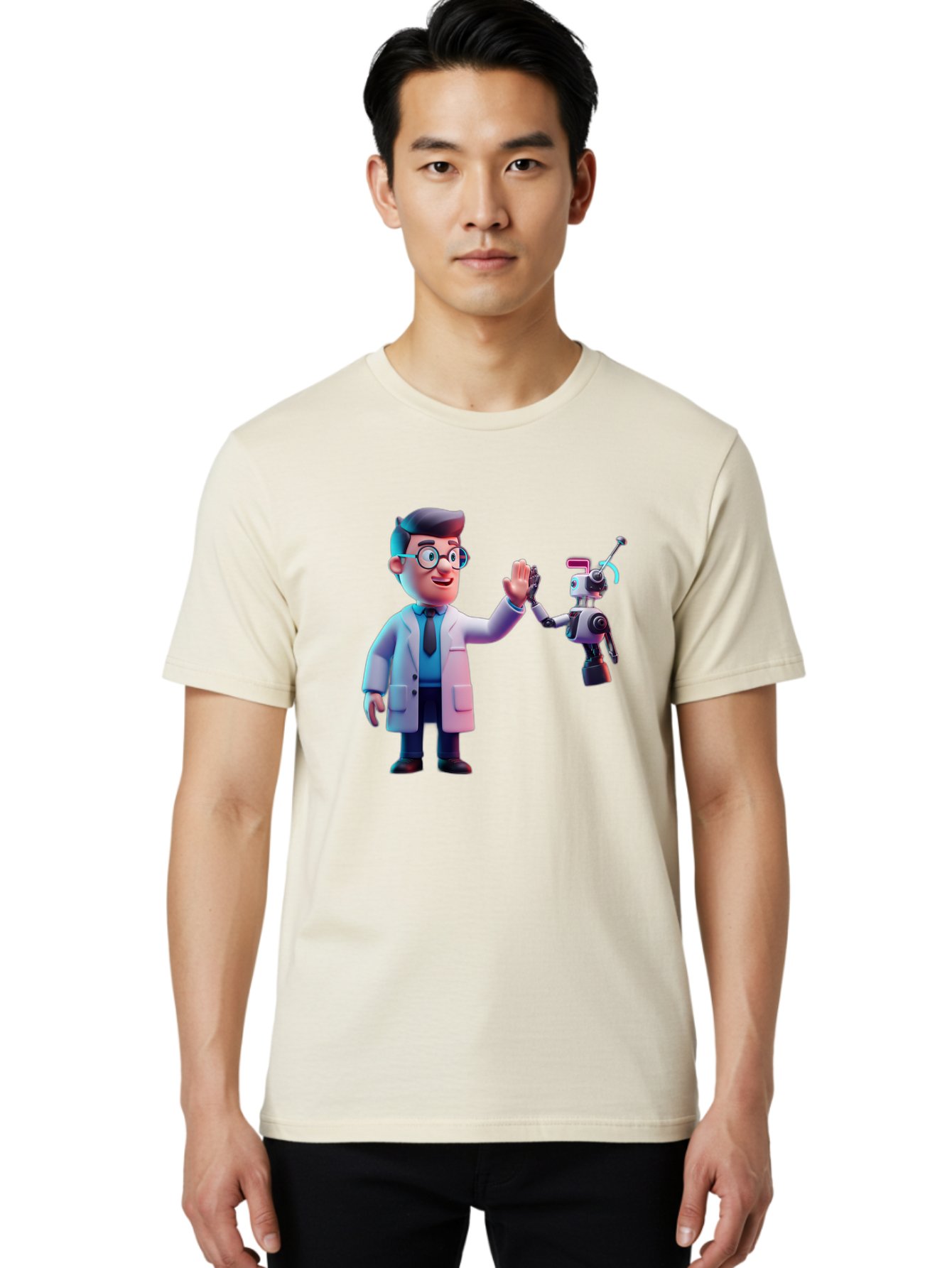 Scientist-And-Robot Men'S Graphic Tee, 100% Cotton, Comfortable Casual Summer Wear, Machine Washable, Scientist In Lab Coat, Robot Companion, High Five Gesture, Futuristic Technology, Artificial Intelligence, Collaboration, Teamwork, Bab387