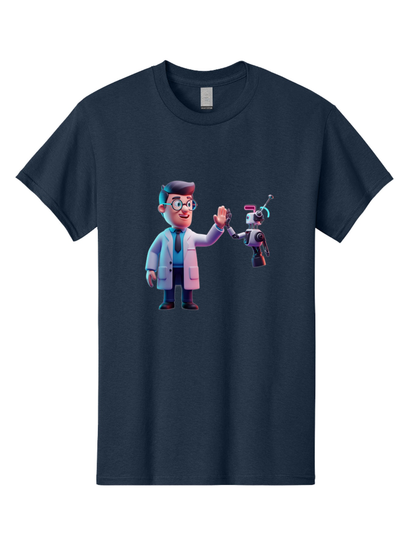 Scientist-And-Robot Men'S Graphic Tee, 100% Cotton, Comfortable Casual Summer Wear, Machine Washable, Scientist In Lab Coat, Robot Companion, High Five Gesture, Futuristic Technology, Artificial Intelligence, Collaboration, Teamwork, Bab387